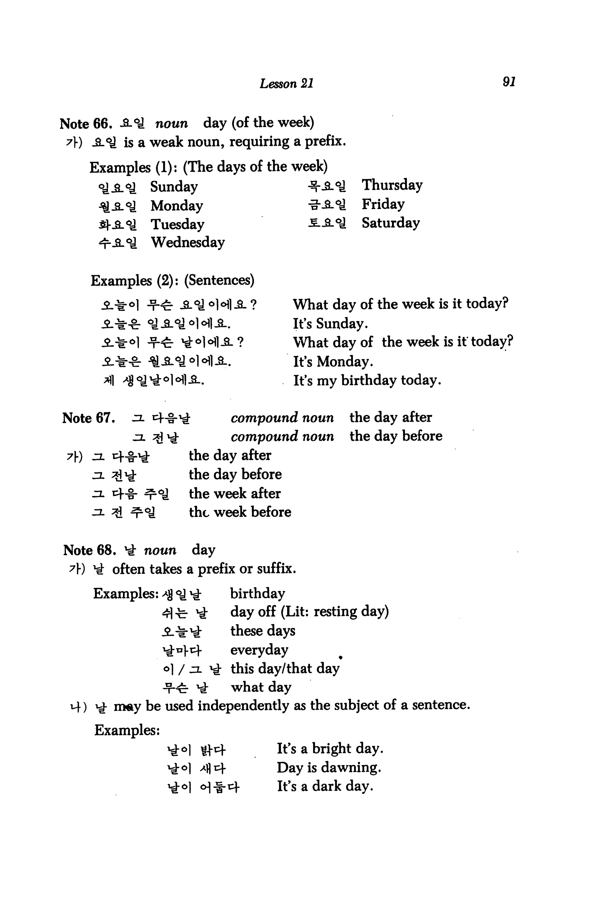 Lesson 21                              91


Note 66. -3-°i noun day (of the week)
 7) ,a_<*J is a weak noun, requiring a prefix.

    Examples (1): (The days of the week)
            Sunday                   ^-^-°i           Thursday
            Monday                   -g--S-°i         Friday
                 Tuesday                    5-S.°J     Saturday
                 Wednesday


     Examples (2): (Sentences)

                                         What day of the week is it today?
                                         It's Sunday.
                                         What day of the week is it today?
                                         It's Monday.
                                         It's my birthday today.


Note 67.   jl i4*-^           compound noun          the day after
                              compound noun          the day before
 7(-) JX ^-f-^         the day after
     ZL Zi^g           the day before
     ZL Cf-g- ^<^      the week after
                       the week before


Note 68. *i noun       day
 ?1-) ^ often takes a prefix or suffix.

     Examples: ^ °^ ^         birthday
                  41-fe- 4-   day off (Lit: resting day)
                  .fc.^^      these days
                  ^J-tf       everyday
                  o] / jl *£ this day/that day
              -t-^c- ^:  what day
 M-) ^- m«y be used independently as the subject of a sentence.

     Examples:
                                       It's a bright day.
                                       Day is dawning.
                                       It's a dark day.
 