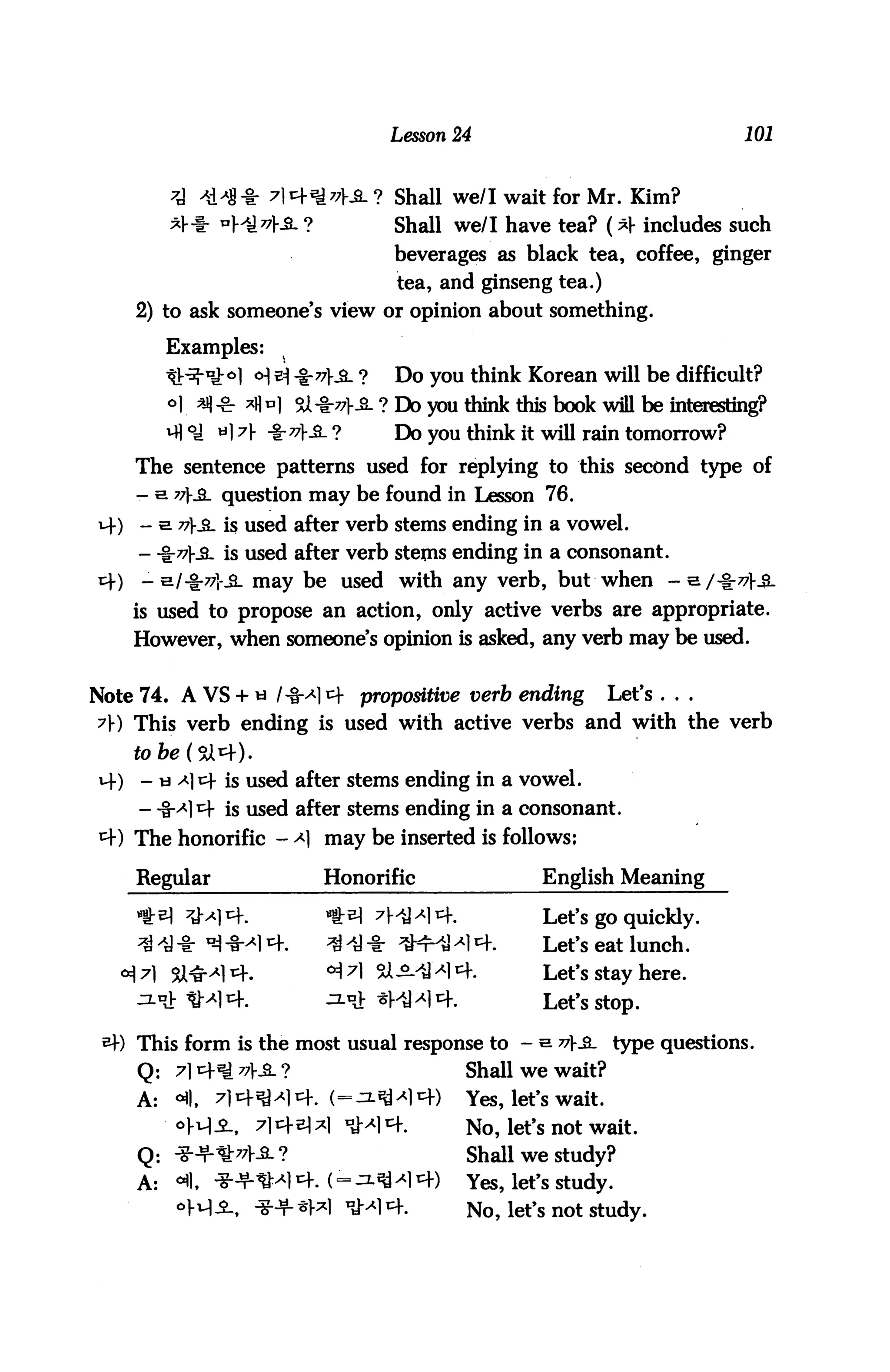 Lesson 24                                101


                 ^8* 7}^*&v}JL ? Shall we/I wait for Mr. Kim?
                   M4A ?                 Shall we/I have tea? (*f includes such
                                         beverages as black tea, coffee, ginger
                                         tea, and ginseng tea.)
    2) to ask someone's view or opinion about something.

         Examples:
         ^H-iy-oi o] *j ^sl ?            Do you think Korean will be difficult?
         ©| «!-£. *H*i 5X-i:77}£- ? Do you think this book will be interesting?
         vll <y y] 7). -§-77V_a. ?       Do you think it will rain tomorrow?

    The sentence patterns used for replying to this second type of
    - s 77}£- question may be found in Lesson 76.
     - a 77}£_ is used after verb stems ending in a vowel.
    - -Ir^KS- is used after verb stems ending in a consonant.
     -e/-^77].a_ may be used with any verb, but when -a/^^jg.
    is used to propose an action, only active verbs are appropriate.
    However, when someone's opinion is asked, any verb may be used.


Note 74. A VS + w l&x v propositive verb ending                   Let's . . .
A) This verb ending is used with active verbs and with the verb


     - u ^1 r+ is used after stems ending in a vowel.
    - -iM^f is used after stems ending in a consonant.
    The honorific - *] may be inserted is follows;

    Regular                    Honorific                   English Meaning

                                                           Let's go quickly.
    ^ ^y -j- T>j -§-^] t^-.                          c+.   Let's eat lunch.
                                                           Let's stay here.
                                                           Let's stop.

    This form is the most usual response to - a v£.                type questions.
    Q: 7}r^^77s.?                               Shall we wait?
    A:    oil,    7lr+^^l^. (=jx^^cf)            Yes, let's wait.
          W,          7lcHM*l ^1^-.              No, let's not wait.
    Q: *+«^A?                                    Shall we study?
    A:    ^1. *+«^m-. ( = ^^^l^f)                Yes, let's study.
                                     J-^l^.      No, let's not study.
 