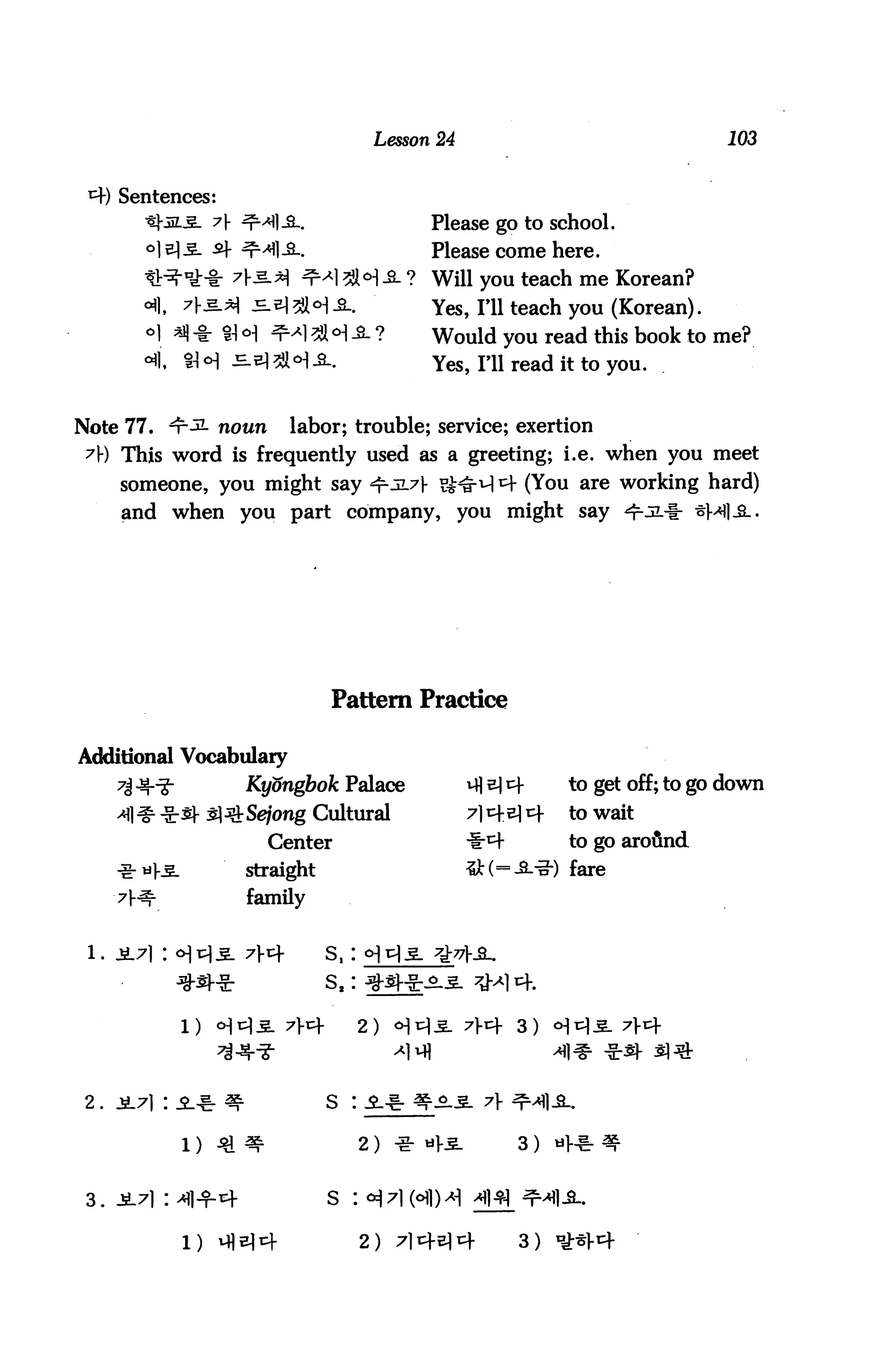 Lesson 24                                103


     Sentences:
                      7 ^4].£L.                   Please go to school.
                                                   Please come here.
                        A2-                      ? Will you teach me Korean?
                                                   Yes, HI teach you (Korean).
         °1 ** ♦ « <H ^M 2M -2- ?                  Would you read this book to me?
                                                   yes, 111 read it to you.


Note 77. n^^- noun            labor; trouble; service; exertion
 71-) This word is frequently used as a greeting; i.e. when you meet
     someone, you might say ^JL7 ?£^ cf (You are working hard)
     and when you part company, you might say "t-jl




                                    Pattern Practice

Additional Vocabulary
     7J -s-^g-           Kyongbok Palace                             to get off; to go down
     4]* -Sr^l- ^^Sejong Cultural                        7M*M4      to wait
                            Center                                   to go aroflnd.
     ^r *}3.             straight                         ^Jt(-A-g-) fare
     7^-                family


 1. jeL7] : ol^-S. 7t-            s, '. H1^^- ^
                                                      l ^14.

                                            2)                 3)




2.                                  s : .SLjM^LjL 7]-


                 l)                         2) -i- «K§l        3)


 3. Ji7i :                          S   :

                 1)                         2)                 3)
 