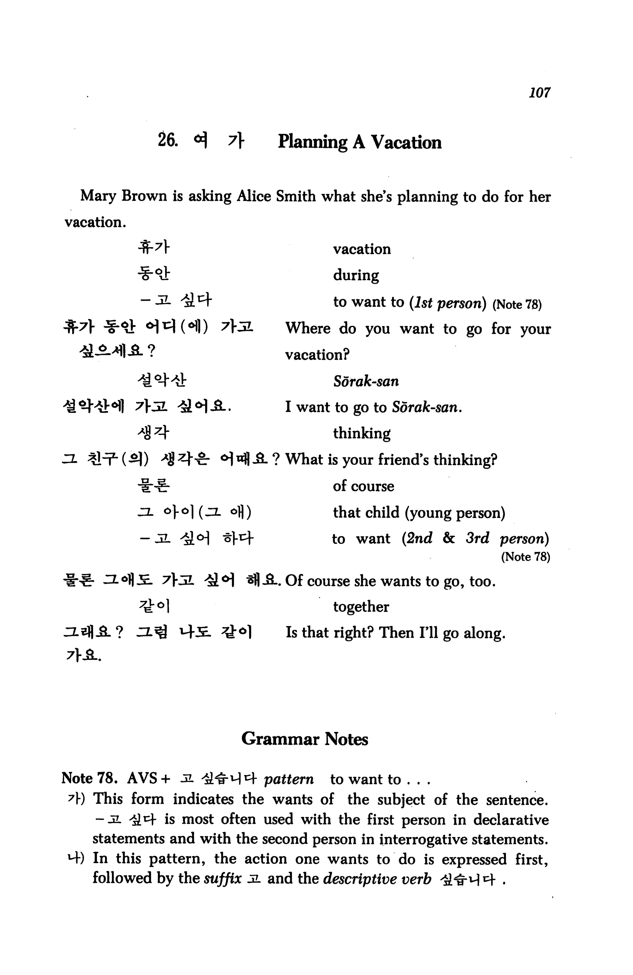 107



                 26. °i    7}       Planning A Vacation


  Mary Brown is asking Alice Smith what she's planning to do for her

vacation.

            S1                              vacation
                                            during

                                            to want to (1st person) (Note 78)

     !§-<>}; <H^H) 71-31             Where do you want to go for your
             ?                       vacation?
                                            Sorak-san

                                     I want to go to Sdrak-san.

                                            thinking

                                     What is your friend's thinking?

                                            of course

            si. oj-o] (^l ofl)              that child (young person)

            -J2. 4i<H     -Sl-t}-           to want (2nd & 3rd person)
                                                                        (Note 78)

                                    . Of course she wants to go, too.

                                            together

                                     Is that right? Then I'll go along.




                              Grammar Notes

Note 78. AVS+ Ji ^^H^f pattern             to want to ...
A) This form indicates the wants of           the subject of the sentence.
    -3L >&tf is most often used with the first person in declarative
    statements and with the second person in interrogative statements.
*4) In this pattern, the action one wants to do is expressed first,
    followed by the suffix jl and the descriptive verb
 