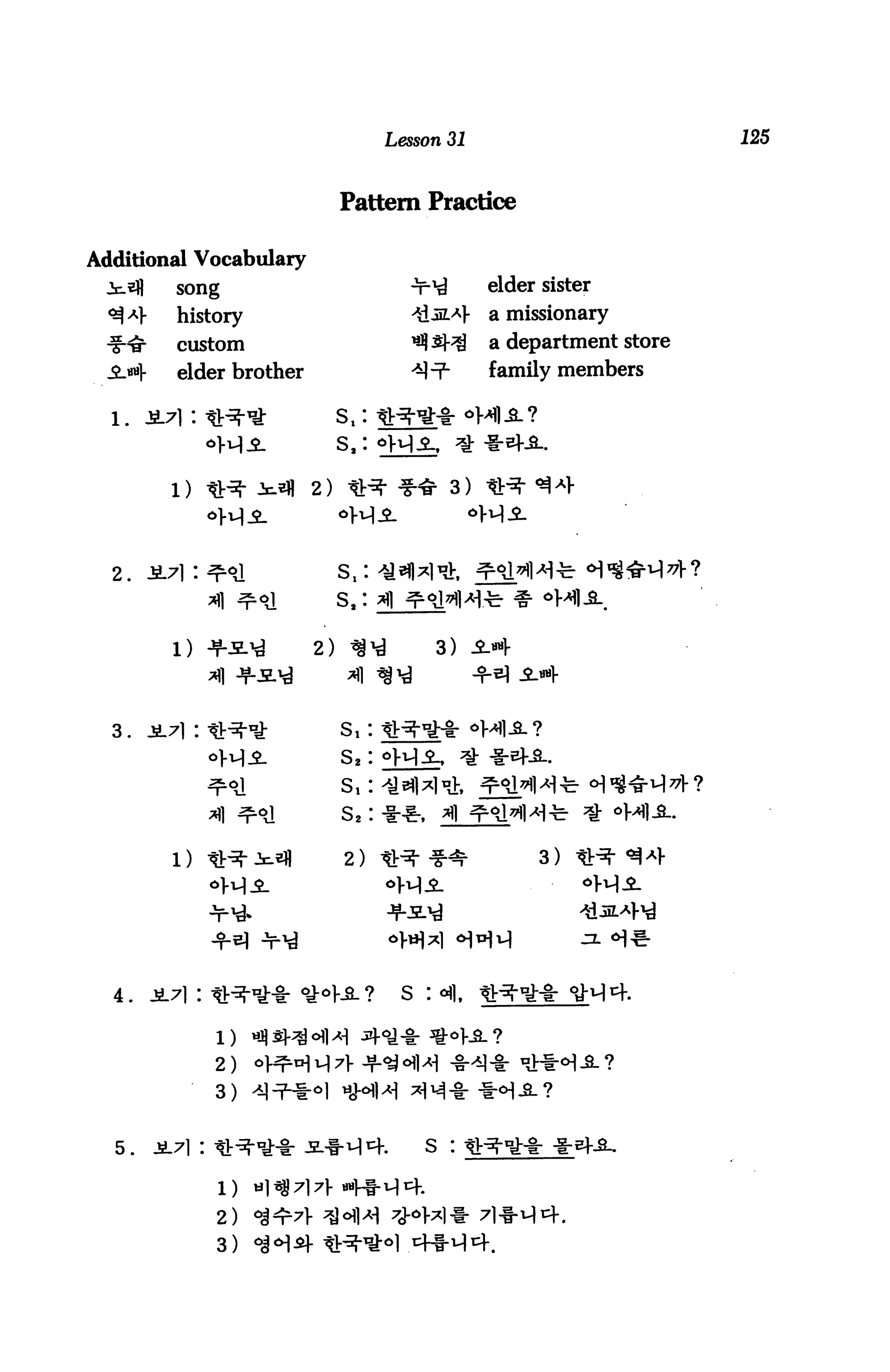 Lesson 31                            125



                               Pattern Practice

Additional Vocabulary
          song                                       elder sister
          history                                    a missionary
          custom                                     a department store
 AH-      elder brother                   -a]-?-     family members

  l.   3.7]:                   S,:
                               S,:

                          2)                    3)



  2.




         1)               2)                   3)



  3.                           s,:
                               s2:
                               s,:
                               s2:


                               2)                         3)




  4.                             ?       S :



                2)
                3)


  5.   JL7l :                        .      S

                1)
                2)
                3)
 