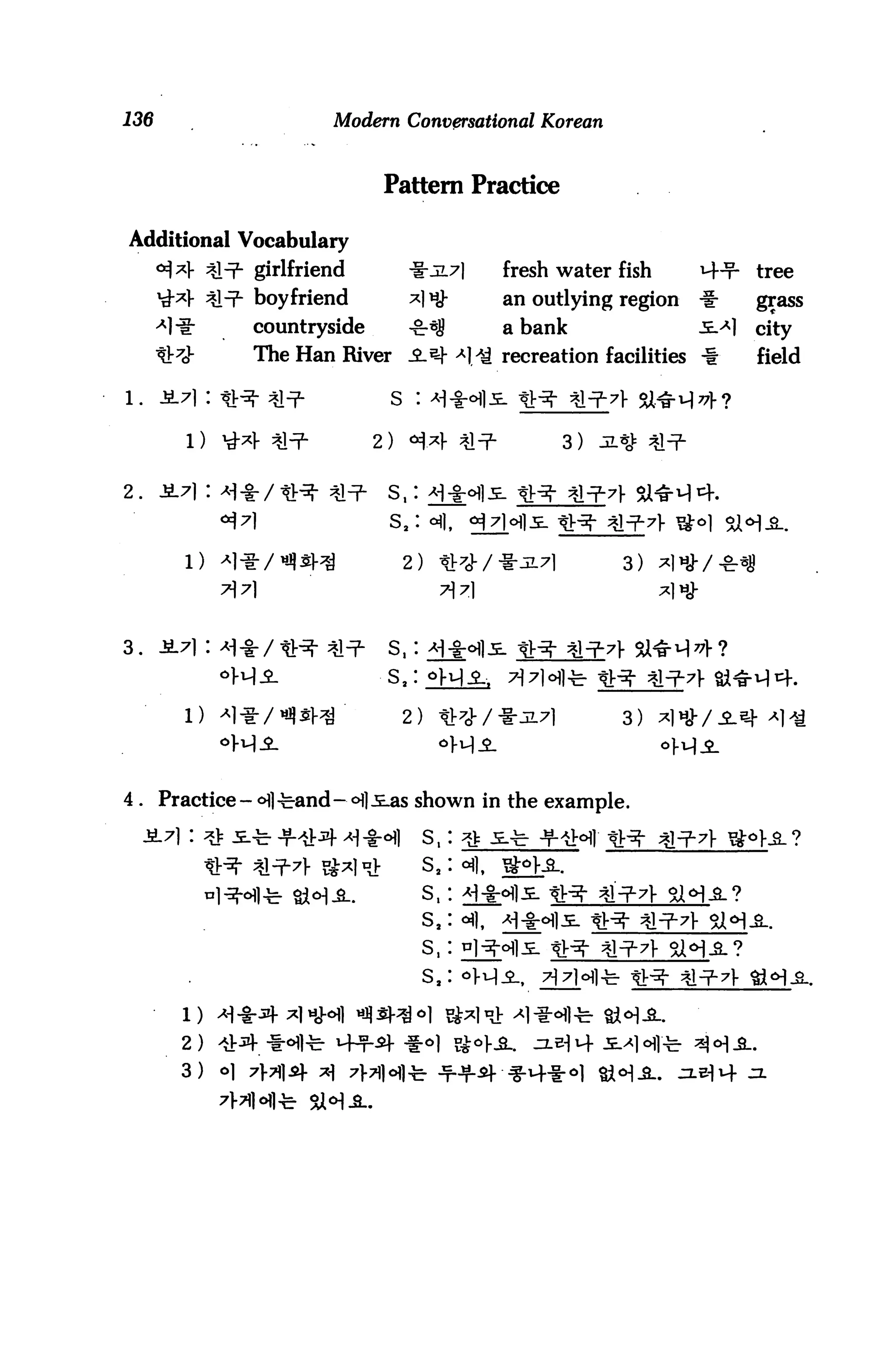 136                        Modern Conversational Korean


                                 Pattern Practice

Additional Vocabulary
                  girlfriend         -f-jn.71          fresh water fish     M-?-   tree
                  boyfriend          *] «j-            an outlying region   -f-    grass
                  countryside        -g^S              a bank               5.^]   city
                  The Han River 2.*$- >M/ti recreation facilities -f               field

 .    s.7]:                      s :

        l)         «•=?■        2)                             3)

2.                               s,:

                                 s2:

                                     2)                             3)
                                            77



3.                               s,:

              "Wi               -S,:

                                                                    3)


4 . Practice - <H] ^and               shown in the example.

                                                     -g--fe-
                                       s,     «fl,
                                       s,
                                       s.
                                       s,
                                       s,


        2) 4^_-f-ofl-fe-             #0)      ^

        3)    o
 