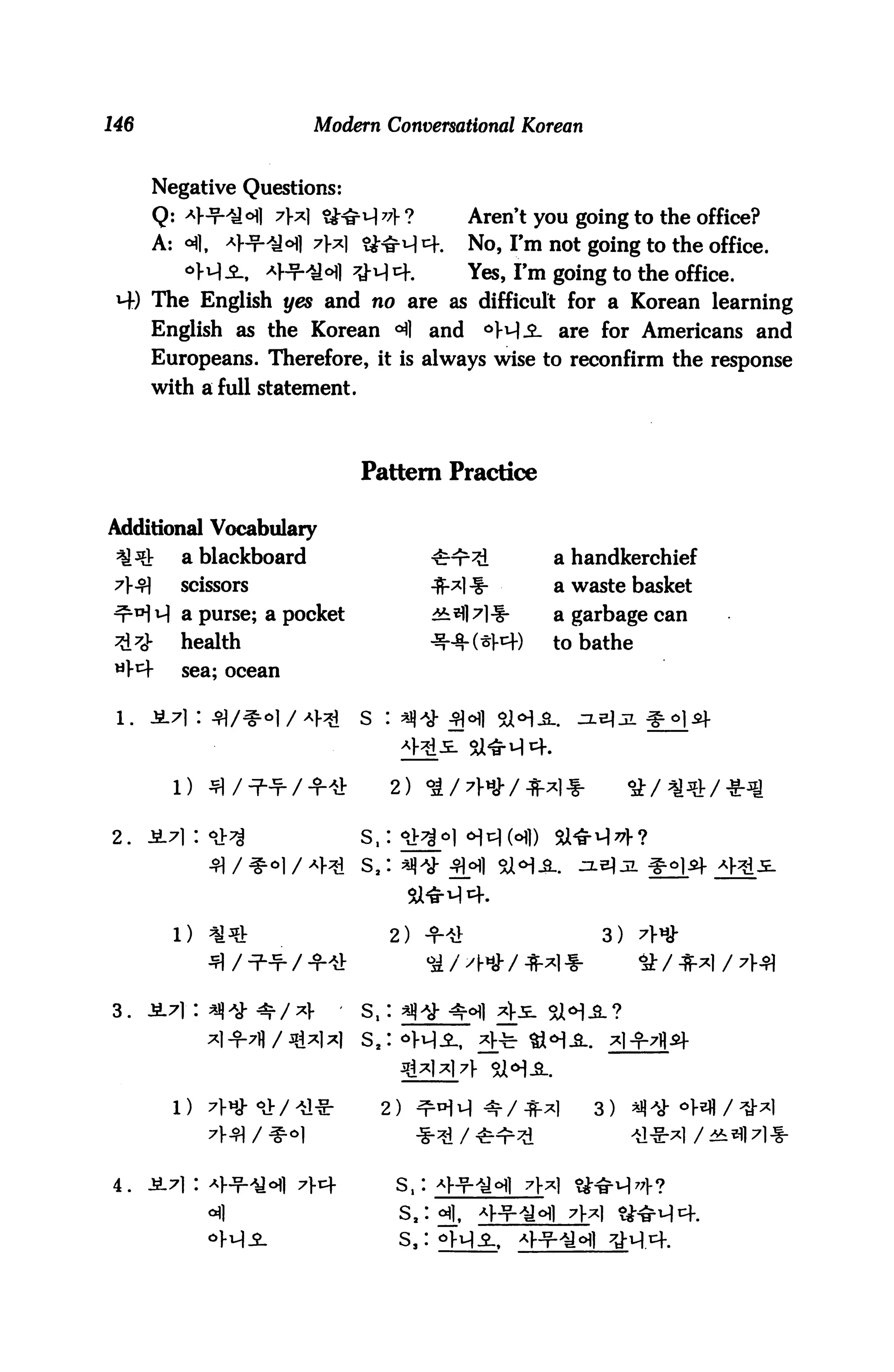 146                      Modern Conversational Korean


      Negative Questions:
      Q: ^I-^^chI 7}x) S^M 77} ?                Aren't you going to the office?
      A: <     4-¥-^oii 77] ^^q^f.             No, I'm not going to the office.
        dWA, 4+iN #M4.            Yes, I'm going to the office.
 M-) The English yes and no are as difficult for a Korean learning
      English as the Korean <*fl and                 °W^- are for Americans and
      Europeans. Therefore, it is always wise to reconfirm the response
      with a full statement.



                                Pattern Practice

Additional Vocabulary
      Q   a blackboard                      ^r^i          a handkerchief
          scissors                          4M-S- ■       a waste basket
          a purse; a pocket                 dL^7}%-       a garbage can
          health                            ^-5-(*l-4)    to bathe
          sea; ocean




          1) ^/^^/-f^                 2)

2.




          1) ^^J:                 2) +41                       3)
             *l / ■?■■¥■ / +4

3.    Jt7|: sq*j-^/;4           s,:


                                              ] 7}

                                  2) ^^^^/*^l                 3)



4.    Jt7i : *HMM 7]-i+               s,:

                                      S.iffl, 4+iflZbl
 