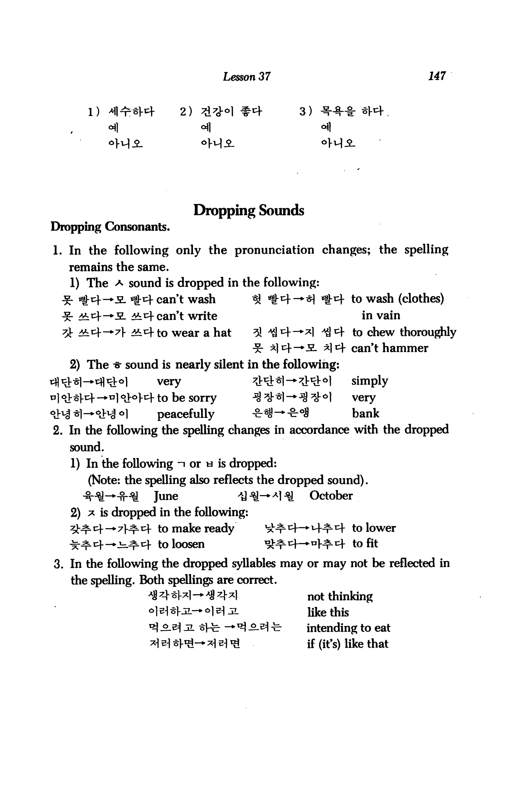 Lesson 37                               147


      1) 4|*r*W           2) &}<>] #4             3)




                           Dropping Sounds
Dropping Consonants.

1. In the following only the pronunciation changes; the spelling
   remains the same.
   1) The a sound is dropped in the following:
 -g- «£cj-—je. Hfc^ can't wash          ^} "g;^-^ *$t*)- to wash (clothes)
 ^- #±r—*2. 2i* can't write                                   in vain
 tJ- ^cf—7]- ^cf to wear a hat          ^ ^ cf-*^l ^ ^ to chew thorou^ily
                                        ^- %lcf—s. ^lcf can't hammer
   2) The * sound is nearly silent in the following:
                    very                ^^I—^Jr^l              simply
                    to be sorry         ^ ^ ^1 -* ^ ^ °1       very
                    peacefully          -gr^-gr*3              bank
2. In the following the spelling changes in accordance with the dropped
   sound.
   1) In the following -i or « is dropped:
      (Note: the spelling also reflects the dropped sound).
     3-^J-**^i     June             ^ *H Al ^       October
   2) * is dropped in the following:
            >71^e+ to make ready           ^-r11^— M-r^ to lower
            j=.^cf to loosen               ^^^f—"V^^f to fit
3. In the following the dropped syllables may or may not be reflected in
   the spelling. Both spellings are correct.
                             ^4*1                  not thinking
                               °]e)3L              like this
                                        ^.^ -c-    intending to eat
                                                   if (it's) like that
 