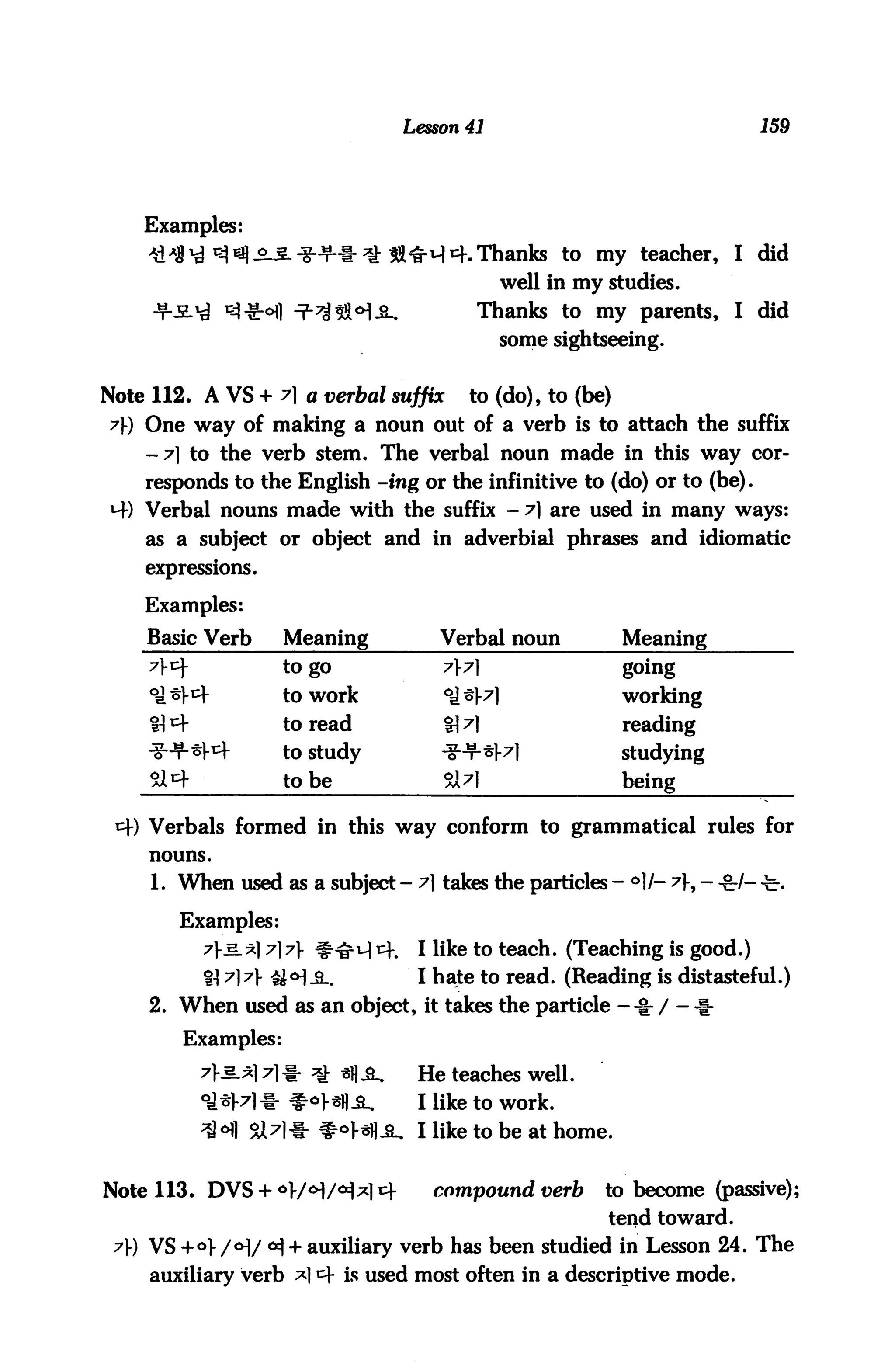 Lesson 41                               159




    Examples:
                                          K Thanks to my teacher, I did
                                                 well in my studies.
                                            Thanks to my parents, I did
                                                 some sightseeing.


Note 112. A VS + 7l a verbal suffix        to (do), to (be)
7) One way of making a noun out of a verb is to attach the suffix
    -7l to the verb stem. The verbal noun made in this way cor
    responds to the English -ing or the infinitive to (do) or to (be).
 *■+) Verbal nouns made with the suffix - 7l are used in many ways:
    as a subject or object and in adverbial phrases and idiomatic
    expressions.

    Examples:
    Basic Verb      Meaning             Verbal noun           Meaning
    A^              to go               77]                  going
     Q*}^           to work             °^l-7l                working
                    to read             H 7]                  reading
                    to study            iHMW                  studying
                    to be               517]                  being

    Verbals formed in this way conform to grammatical rules for
    nouns.

     1. When used as a subject - 7l takes the particles - °]l- ?}9 - -8r/- -b.

        Examples:
           71"^.*) 7l7 ^^r^l tf.    I like to teach. (Teaching is good.)
           %] 7l7> 4i<H-£L.          I hate to read. (Reading is distasteful.)
     2. When used as an object, it takes the particle --§-/--!-
        Examples:

                 1711- ^g- *fl^      He teaches well.
                        ^sfl-S-.     I like to work.
                31711- #^>sfl_S_ I like to be at home.


Note 113. DVS + ^/oi/^^l^f             compound verb        to become (passive);
                                                            tend toward.
 7J-) VS +<=>)-/<H/ *H + auxiliary verb has been studied in Lesson 24. The
     auxiliary verb *14 is used most often in a descriptive mode.
 