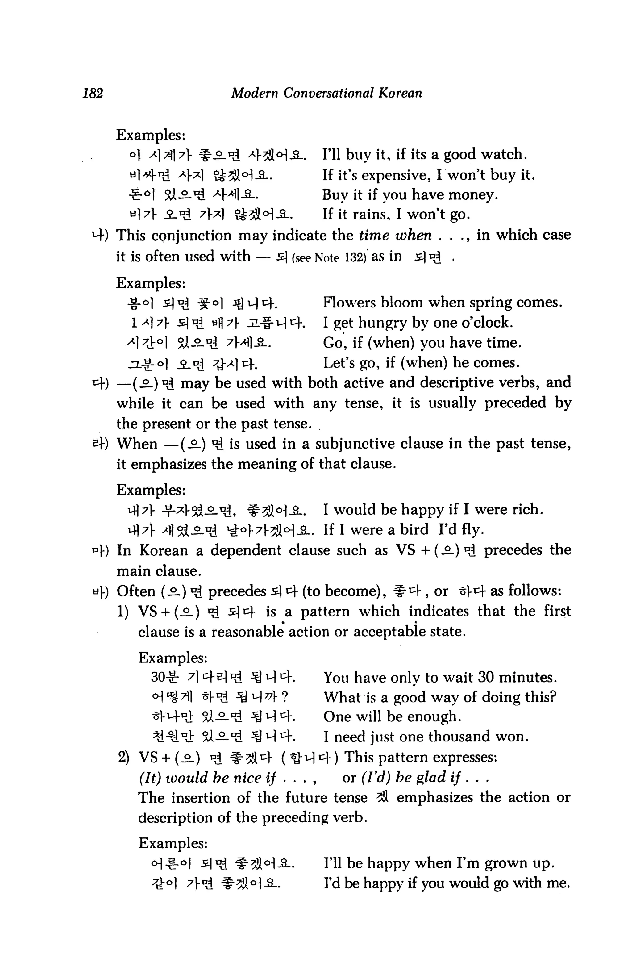 182                       Modern Conversational Korean


      Examples:
        o| a]7$7} #_°.*i -42M-S-.         ril buy it, if its a good watch.
        m]#}t£ ,4*1 ^^o^.                  if it's expensive, I won't buy it.
        -g:^] Si^.^ *Ml-&~                 Buy it if you have money.
        a) 7]- _2_t£ 77f &2M-2-.         If it rains, I won't go.
 4) This conjunction may indicate the time when . . ., in which case
      it is often used with — s (see Note 132) as in     s)^ .

      Examples:
       ^rcl suA ^°1 ^44.                  Flowers bloom when spring comes.
        I a] 7} s] nj Hi] 7}. jl-§-v] 4.   I get hungry by one o'clock.
       ^17J:OI ZX-^A 7H1-S..               Go, if (when) you have time.
       ^z.-gr<>] _$-*£ ^14.                Let's go, if (when) he comes.
 4) — (.£-)*£ may be used with both active and descriptive verbs, and
      while it can be used with any tense, it is usually preceded by
      the present or the past tense.
 sf) When — (-2.) *d is used in a subjunctive clause in the past tense,
      it emphasizes the meaning of that clause.

      Examples:
                                           I would be happy if I were rich.
                                           If I were a bird I'd fly.
 *]-) In Korean a dependent clause such as VS + (£.) ^i precedes the
      main clause.
 «)-) Often (-£-) ^i precedes s tf (to become), #^+ , or tr^ as follows:
      1) VS+ (.£-) Dd s)t+ is a pattern which indicates that the first
         clause is a reasonable action or acceptable state.

         Examples:
           30-S- 7} 4El *! jg q cf.        You have only to wait 30 minutes.
                                   ?       What is a good way of doing this?
                                           One will be enough.
                                           I need just one thousand won.
      2) VS + (j9l) ig #^4 (^-u)4) This pattern expresses:
         (It) would he nice if . . . ,        or (Vd) be glad if . . .
         The insertion of the future tense ^l emphasizes the action or
         description of the preceding verb.

         Examples:
           o|.fLo|   s]n£ ^^0]^.,          ni be happy when I'm grown up.

           7i°] A^A #3M-2-                 I'd be happy if you would go with me.
 