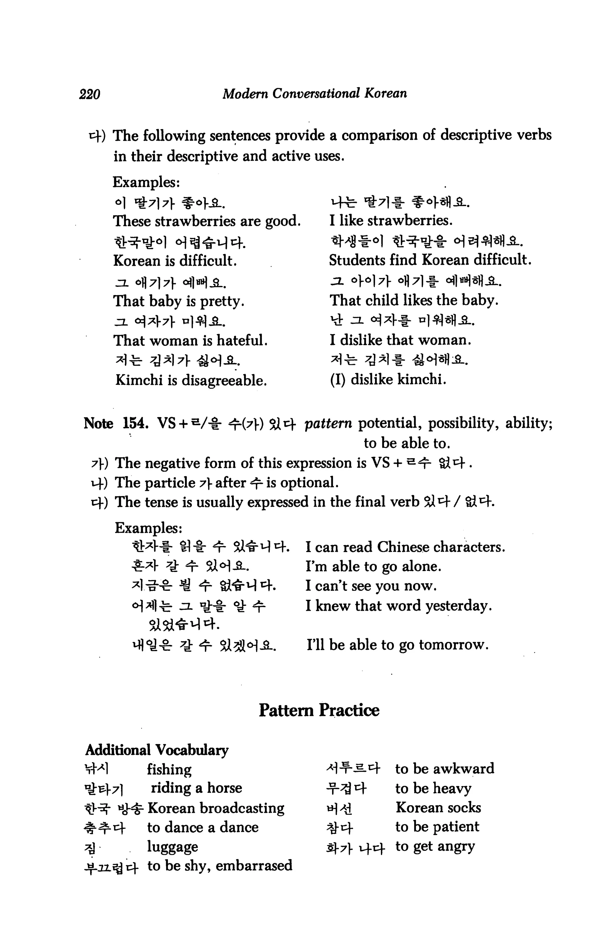 220                     Modern Conversational Korean


 *4) The following sentences provide a comparison of descriptive verbs
      in their descriptive and active uses.

      Examples:


      These strawberries are good.      I like strawberries.


      Korean is difficult.              Students find Korean difficult.


      That baby is pretty.              That child likes the baby.


      That woman is hateful.            I dislike that woman.


      Kimchi is disagreeable.           (I) dislike kimchi.


Note 154. VS + s/-=r ^4?) &t+ pattern potential, possibility, ability;
                                              to be able to.
 7) The negative form of this expression is VS + sn=-
 14) The particle 7 after ^ is optional.
 *}-) The tense is usually expressed in the final verb !

      Examples:
                  H-ib *r- SHrM ^K   I can read Chinese characters.
               1: ^p SW-SL.          I'm able to go alone.
                                     I can't see you now.
                                     I knew that word yesterday.


                                     I'll be able to go tomorrow.




                              Pattern Practice

Additional Vocabulary
VM         fishing                      >HJr--S.cf   to be awkward
            riding a horse              -t-^3 ^      to be heavy
           Korean broadcasting          H^J          Korean socks
           to dance a dance             #cf          to be patient
           luggage                      s-7} 1414 to get angry
           to be shy, embarrased
 