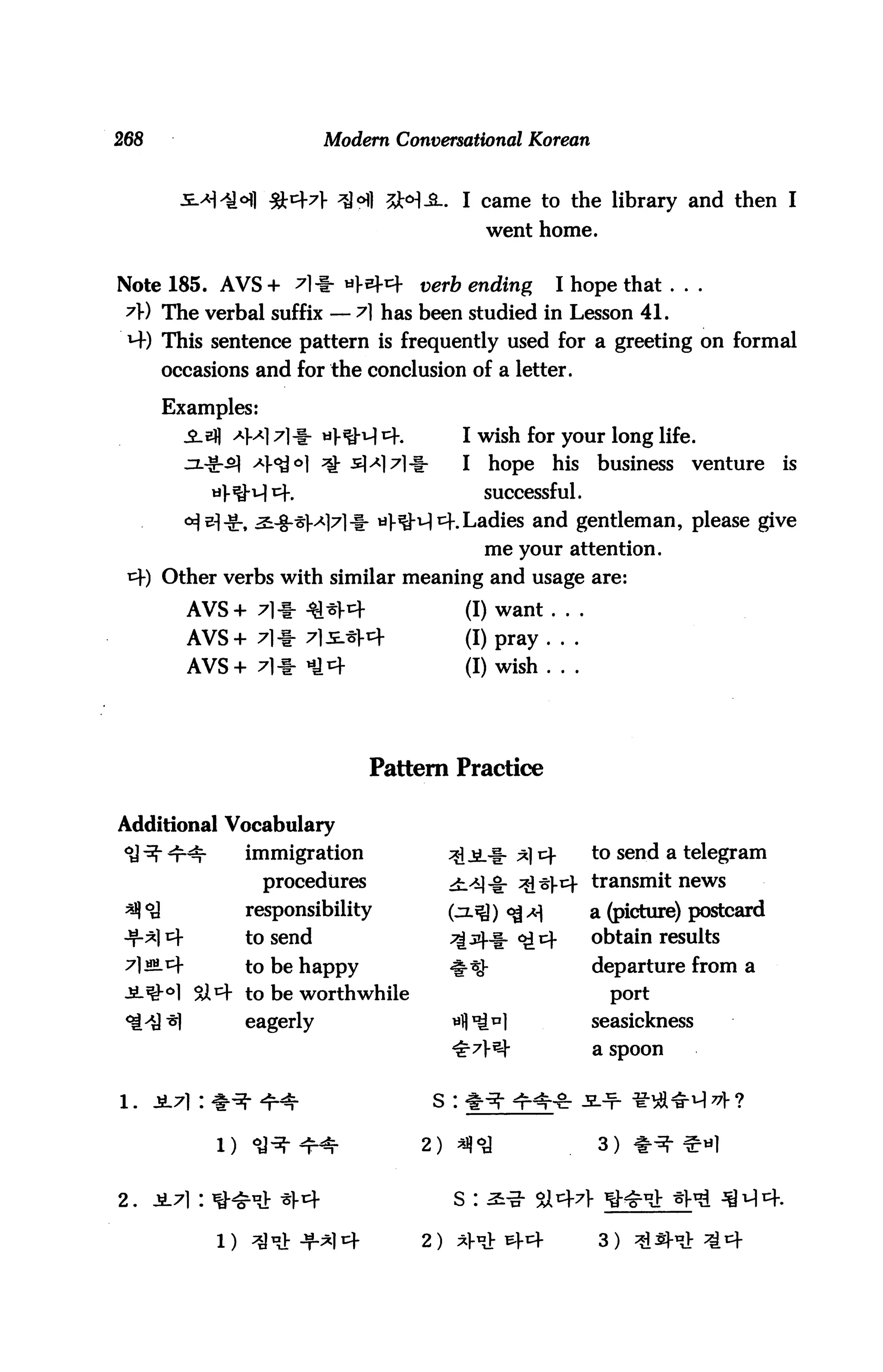 268                        Modern Conversational Korean


                                  SH-&-. I came to the library and then I
                                               went home.


Note 185. AVS + ^1-i- »?-*        verb ending         I hope that . . .
 A) The verbal suffix — A has been studied in Lesson 41.
 *+) This sentence pattern is frequently used for a greeting on formal
        occasions and for the conclusion of a letter.

        Examples:
                *M17lir                    I wish for your long life.
                                           I    hope     his   business   venture     is
                                               successful.
                                          +.Ladies and gentleman, please give
                                               me your attention.
        Other verbs with similar meaning and usage are:
            AVS + 7}% *bftx                (I) want . . .
            AVS+ 71-1- 7s^r               (I) pray . . .
            AVS+ 71-1- ^4                   (I) wish . . .




                                 Pattern Practice

Additional Vocabulary
 <y ^- 4^        immigration              3l JL^- ^1 cf        to send a telegram
                    procedures            ^>i]-§. ^i^l-14 transmit news
 ^ *&            responsibility           (jx^ ) <^ x         a (picture) postcard
 -r-*l ^r        to send                  ^jzf^- <^cf          obtain results
 7l «M.r^        to be happy              ^^-                  departure from a
 £-*Q-°] 9X^ to be worthwhile                                    port

 ^>y ^1          eagerly                  tffl^l               seasickness
                                          ^7ty                a spoon


1.    Ji7l : #^- 4=-^                 S


              1>«***                 2)

2. £-7) : ^-^J: *V4

                                     2)                        3)
 
