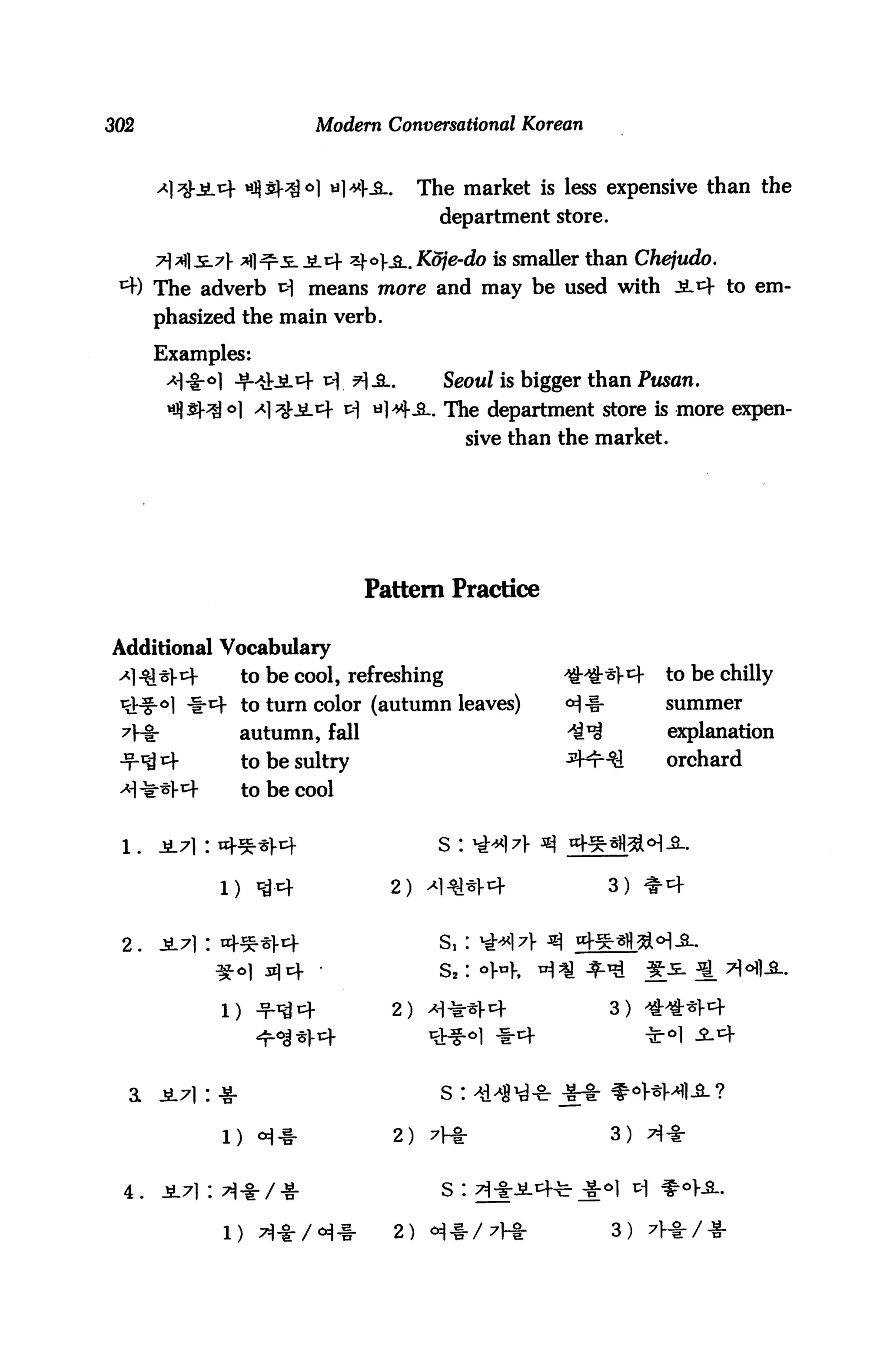302                       Modern Conversational Korean


                                     .        The market is less expensive than the
                                                department store.

                                         _. Koje-do is smaller than Chejudo.
       The adverb *H means more and may be used with Jitf to em
       phasized the main verb.

       Examples:
                               . H-S--          SeowZ is bigger than Pusan.
                               i>| ti]*)-_a_. The department store is more expen
                                                      sive than the market.




                                 Pattern Practice

Additional Vocabulary
                  to be cool, refreshing                        ^^f^f           to be chilly
          -f-cf to turn color (autumn leaves)                   <*}-!-          summer
                  autumn, fall                                                  explanation
                  to be sultry                                                  orchard
                  to be cool


                                                s:

             1)                      2)                                  3)


 2 .                                            s,:
                                                s2:

             1)                      2)                                  3)
                                                                              ^-o]



                                                s :            ♦*■
                                         2)    7V*                       3)


 4.                                             S I

                                         2)                              3)
 