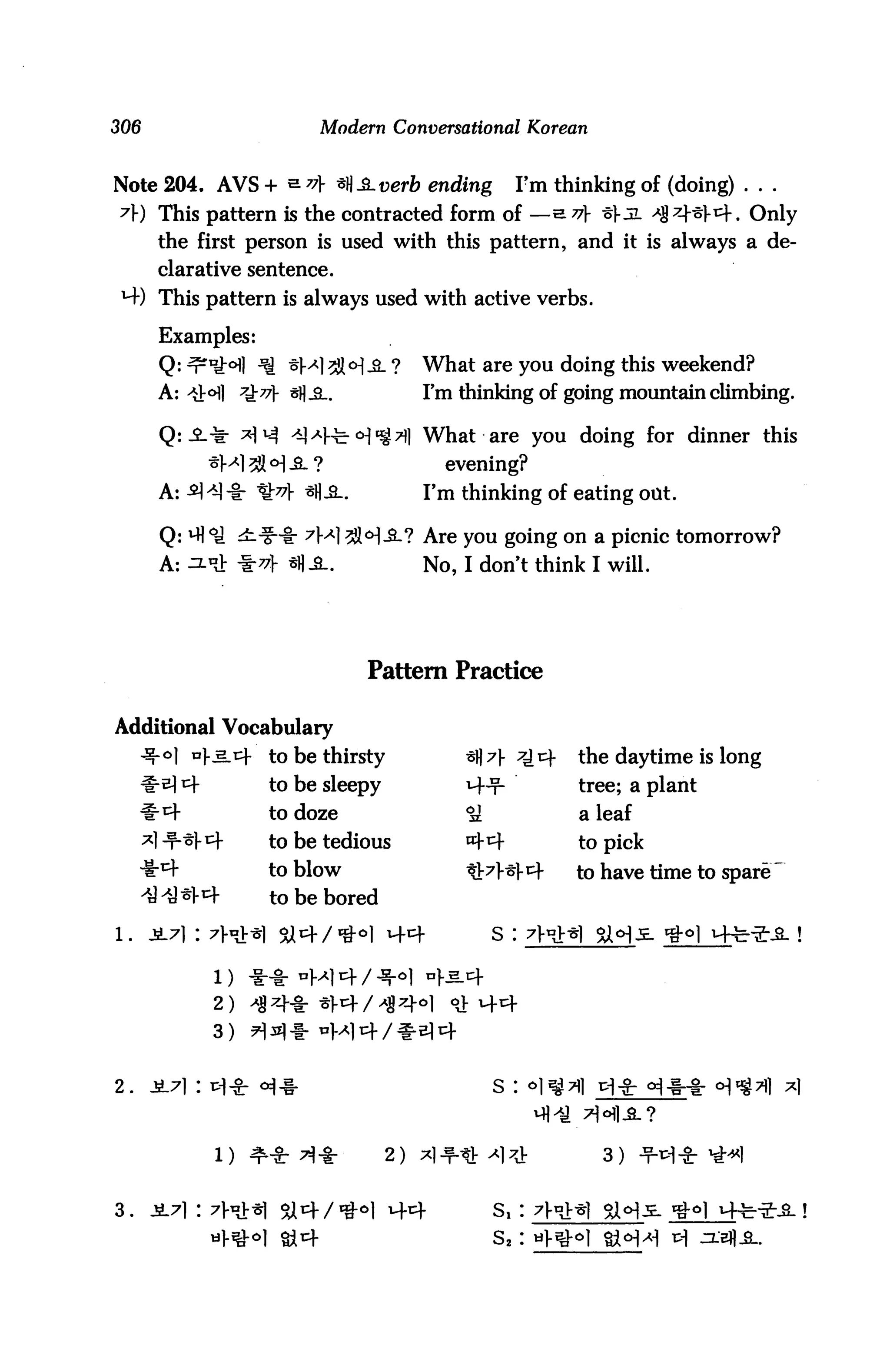306                         Modern Conversational Korean


Note 204. AVS + & v *l£-verb ending                  I'm thinking of (doing) . . .
?) This pattern is the contracted form of — s^V *VjL ^§^1-^-. Only
       the first person is used with this pattern, and it is always a de
       clarative sentence.
 M-) This pattern is always used with active verbs.
       Examples:
       Q: ^ffrofl jg ^l 3H_s_ ?             What are you doing this weekend?
       A: 4°fl Qw} *H-SL.                   I'm thinking of going mountain climbing.

                                            What are you doing for dinner this
                                              evening?
       A: -*H -8: tM- *$£_.                 rm thinking of eating oat.

       Q: m <y dL-§--!: ^Ml ^JIH^-? Are you going on a picnic tomorrow?
       A: ^ai *^ «HA.                       No, I don't think I will.




                                  Pattern Practice

Additional Vocabulary
     -e-o] tr]..H_cf   to be thirsty            sfl;?!- ^cf   the daytime is long
                       to be sleepy             H-t-          tree; a plant
                       to doze                  °A            a leaf
                       to be tedious            ^44           to pick
                       to blow                  ^^l-i^        to have time to spare
                       to be bored




              2)
              3)


2.



                                       2)   *l-f-* ^1^          3)




              «f*dl ail4                             s2:
 