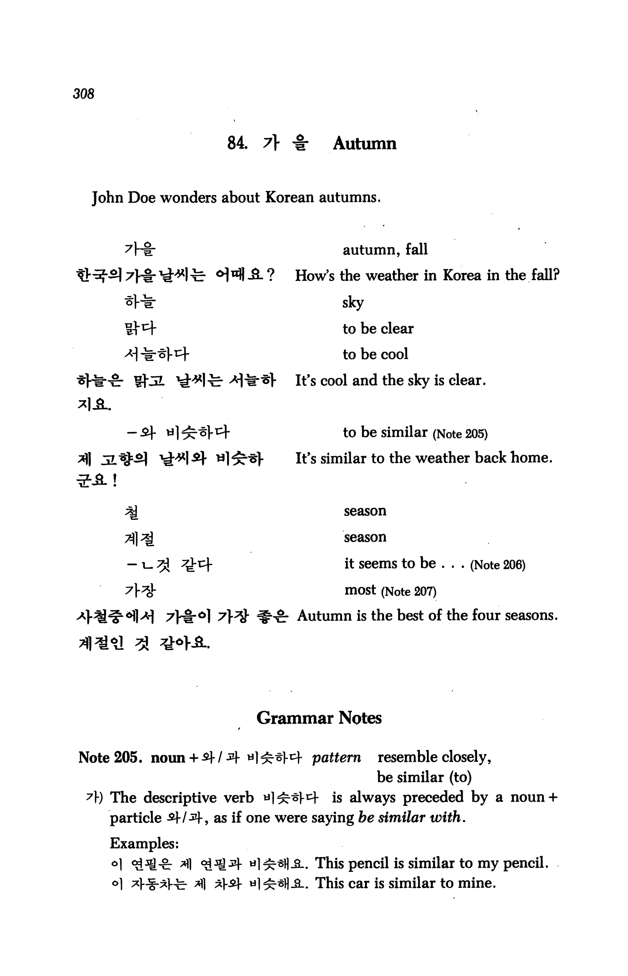 308



                        84.   7} -§•     Autumn


  John Doe wonders about Korean autumns.



                                           autumn, fall

                      °H -S- ?     How's the weather in Korea in the fall?
                                           sky

                                           to be clear

                                           to be cool

                                   It's cool and the sky is clear.



                                           to be similar (Note 205)
                                   It's similar to the weather back home.



                                           season


                                           season


                                           it seems to be ... (Note 206)

                                           most (Note 207)

                                   Autumn is the best of the four seasons.




                              Grammar Notes

Note 205. noun + $■ I ^- ^]^}^ pattern           resemble closely,
                                                 be similar (to)
 A) The descriptive verb al^]-1^         is always preceded by a noun +
      particle -^/^h as if one were saying be similar with.

      Examples:
      °1 ^^-c: ^1 ^^fl^f a]^fl-2-. This pencil is similar to my pencil.
      °1 ^1-S-^V-te- ^1 *s «l^«fl-S-. This car is similar to mine.
 