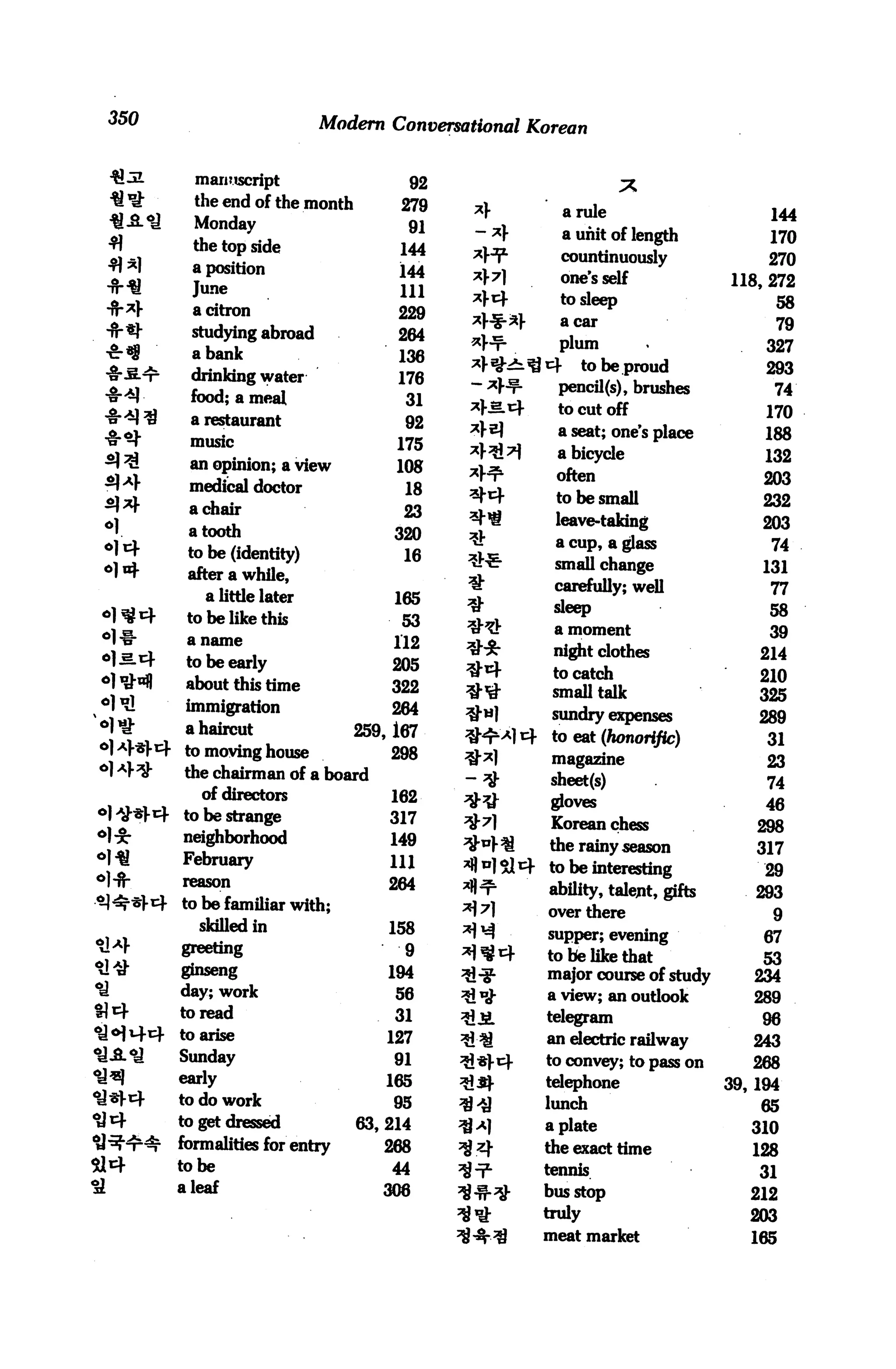 350                        Modern Conversational Korean

        manuscript                   92
        the end of the month        279                     a rule                  144
        Monday                       91
                                                            a unit of length        170
fl      the top side                144
                                                        countinuously               270
        a position                  144                 one's self             118, 272
        June                        111
                                                        to sleep                    58
        a citron                    229
                                                        a car                       79
        studying abroad             264
                                                        plum                       327
        a bank                      136
                                                      cj-     to be proud          293
       drinking water               176
                                                        pencil(s), brushes          74
       food; a meal                  31
       a restaurant
                                           *K§.i=r.     to cut off                 170
                                     92
                                                        a seat; one's place        188
       music                        175
                                                        a bicycle                  132
       an opinion; a view           108
                                                        often                      203
       medical doctor                18
                                                        to be small                232
       a chair                       23
♦1                                                     leave-taking                203
       a tooth                     320
                                                       a cup, a glass               74
       to be (identity)              16
                                                       small change                131
       after a while,
                                                       carefully; well              77
          a little later           165
                                           *           sleep                        58
       to be like this              53
                                                       a moment                     39
       a name                      112
                                                       night clothes              214
       to be early                 205
                                                       to catch                   210
•KM    about this time             322                 small talk                 325
       immigration                 264                 sundry expenses            289
       a haircut            2519,167
                                                       to eat (honorific)          31
       to moving house           298                   magazine                    23
       the chairman of a board                         sheet(s)                    74
         of directors            162                   gloves                      46
      to be strange                317                 Korean chess               298
      neighborhood                 149                the rainy season            317
      February                     111                to be interesting            29
      reason                       264                ability, talent, gifts      293
      to be familiar with;                            over there                    9
         skilled in                158                supper; evening              67
      greeting                       9                to be like that              53
      ginseng                      194                major course of study       234
      day; work                     56    3i *£       a view; an outlook          289
      to read                      31                 telegram                     96
      to arise                    127                 an electric railway         243
      Sunday                       91     ^1 *J-14    to convey; to pass on       268
      early                       165          j      telephone                39,194
      to do work                   95                 lunch                        65
      to get dressed           63, 214                a plate                     310
      formalities for entry       268                 the exact time              128
      to be                        44                 tennis                      31
      a leaf                      306                 bus stop                   212
                                                      truly                      203
                                                      meat market                165
 