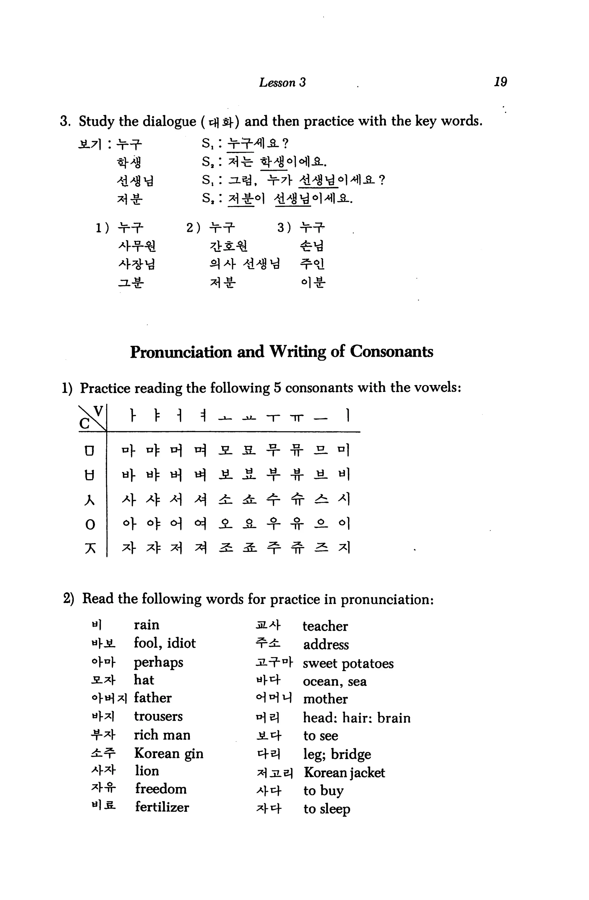 Lesson 3                      19


3. Study the dialogue (cfl £)-) and then practice with the key words.


                                     s,
                                     s,
                                     s.

        1)                      2)                    3) ■¥-?•


                                      *14
                                                            »1*




              Pronunciation and Writing of Consonants

1) Practice reading the following 5 consonants with the vowels:

                                                   nr     -rr -      1

   0         „].    U>    B^     H        i J3L           ■B- s- °1
   0                                               -f -n- -^- ul
   A         Af X>        ^                        4-

    0                      1     <H       -SL i           -fr .2- «1

                           •j    ^        ^: £l           ft ^ ^1


2) Read the following words for practice in pronunciation:

               ram                            &-*}          teacher
               fool, idiot                    ^r^-          address
               perhaps                        ^•n^l- sweet potatoes
               hat                            ^^     ocean, sea
               father                         ^H H M mother
               trousers                       HA            head: hair: brain
               rich man                           Ji.cf     to see
               Korean gin                         ^•^       leg; bridge
                   lion                           A 5L b]   Korean jacket
                   freedom                        ^}^r      to buy
                   fertilizer                     ^m-       to sleep
 