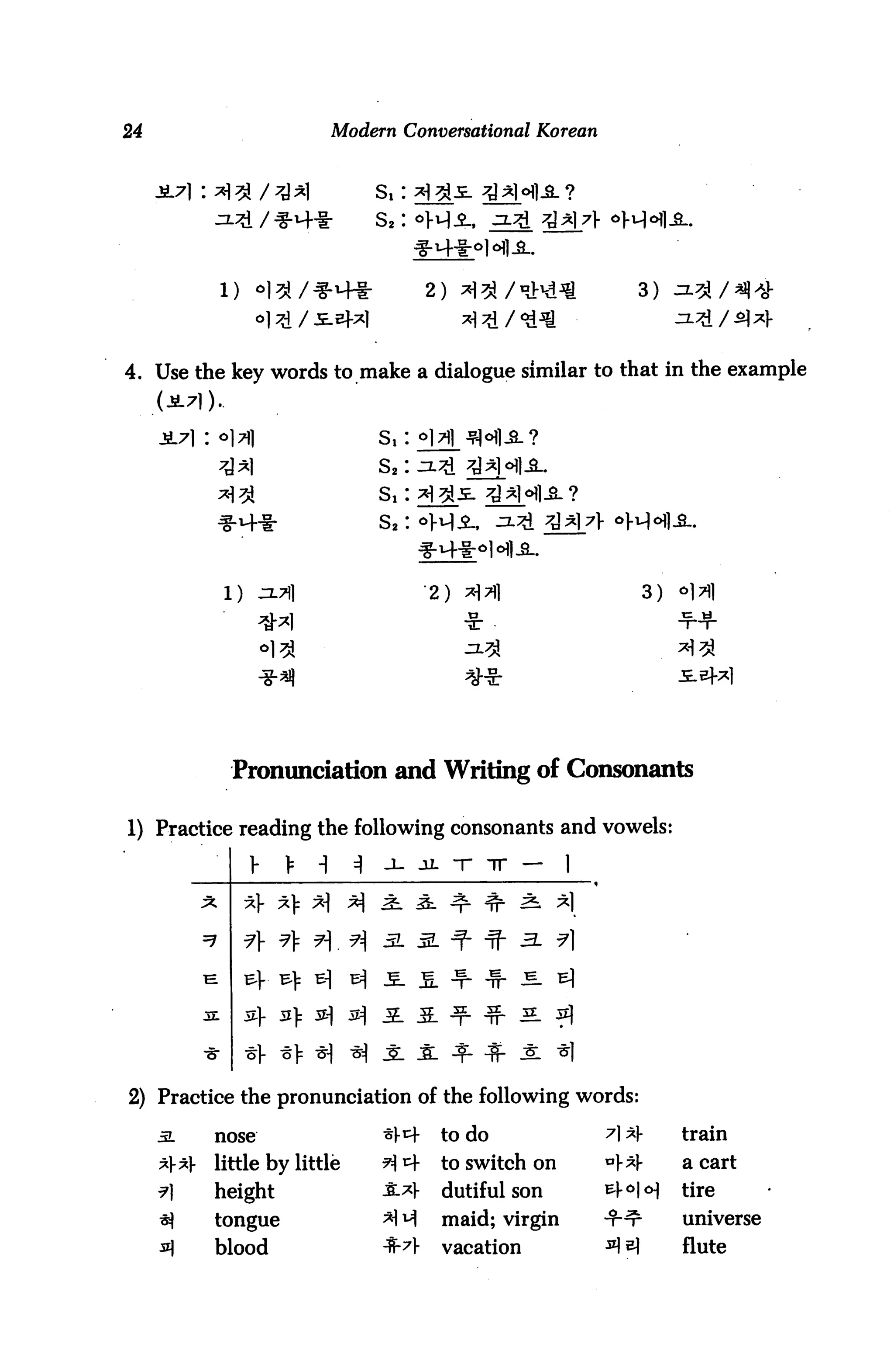 24                      Modern Conversational Korean


                              S, :




                                      2)                        3)




4. Use the key words to make a dialogue similar to that in the example


                              s,
                              s2
                              s,
         ♦4*


                                      •2)                       3)




             Pronunciation and Writing of Consonants

1) Practice reading the following consonants and vowels:

              r   >                         T   tr -     1



                  *>   ^;7   -2-
                                     ^
                                                ^r 3. ¥

        E         ^>        'A 5-               * S. El

        5L
                  3>        A 2. 3.

              *r *>         N i      S.


2) Practice the pronunciation of the following words:

         nose                 *!•*+       to do              A^      train
         little by little     H^          to switch on       °)-4    a cart
         height                           dutiful son                tire
         tongue                           maid; virgin               universe
         blood                            vacation                   flute
 