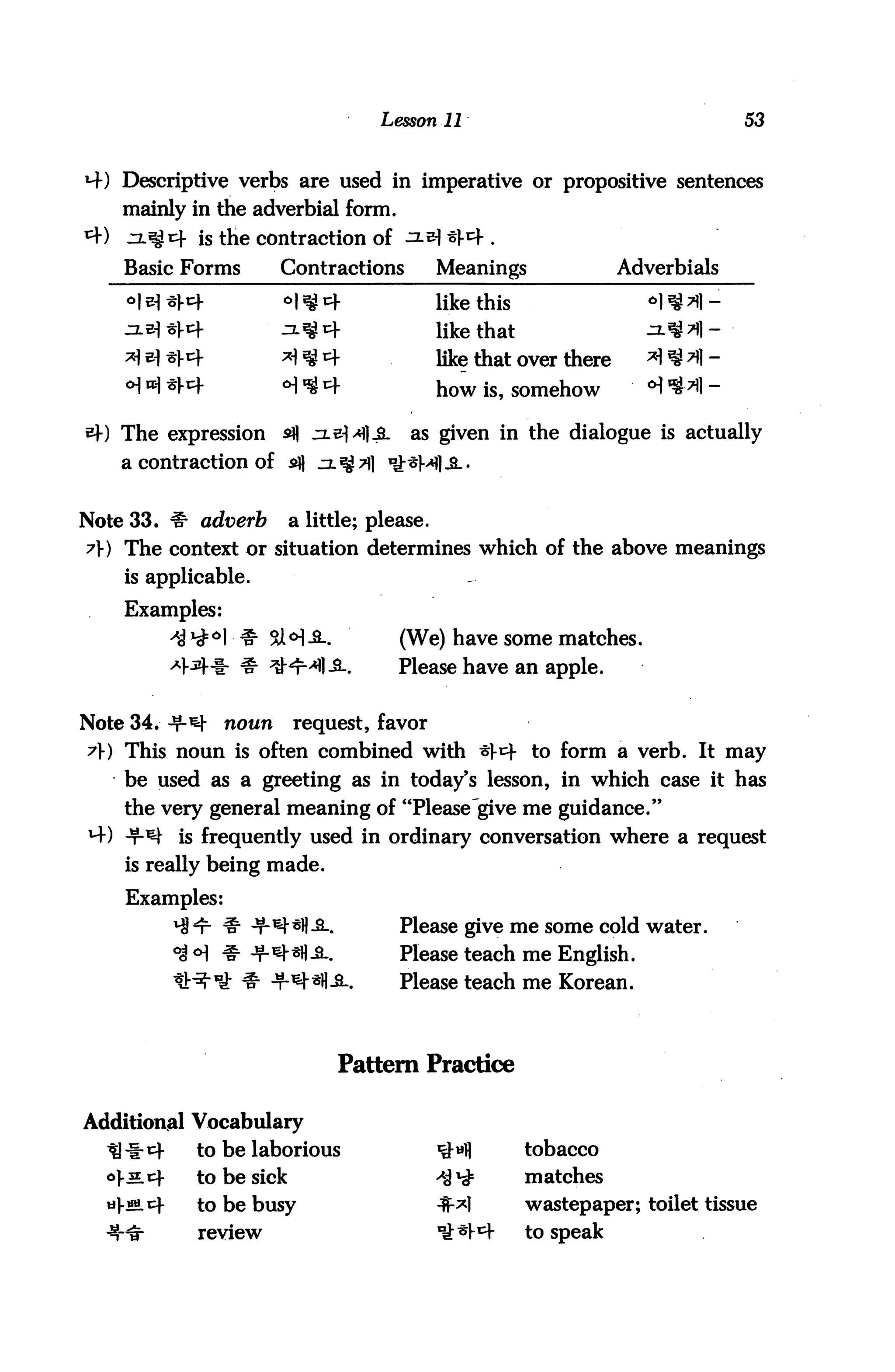 Lesson 11                                    53



*+) Descriptive verbs are used in imperative or propositive sentences
     mainly in the adverbial form.
^B   ^L^cf is the contraction of ji^^)-^.
     Basic Forms        Contractions        Meanings               Adverbials

                                            like this
                                            like that
                                            like that over there
                                            how is, somehow

     The expression     sfl .ilsHIJL    as given in the dialogue is actually
     a contraction of sfl .


Note 33. #• adverb      a little; please.
A) The context or situation determines which of the above meanings
     is applicable.
     Examples:
                      SM-3-.           (We) have some matches.
                                       Please have an apple.


Note 34. ^-^t    noun    request, favor
7>) This noun is often combined with -s}^ to form a verb. It may
     be used as a greeting as in today's lesson, in which case it has
     the very general meaning of "Please give me guidance."
*+) -t-^ is frequently used in ordinary conversation where a request
     is really being made.
     Examples:
                                       Please give me some cold water.
                                       Please teach me English.
                                       Please teach me Korean.



                               Pattern Practice

Additional Vocabulary
  tlir^-     to be laborious                ^«1]        tobacco
  oj-.H.cf   to be sick                     <<$*£       matches
  *l-*«Lcf   to be busy                     ^*1         wastepaper; toilet tissue
             review                         1**m-       to speak
 