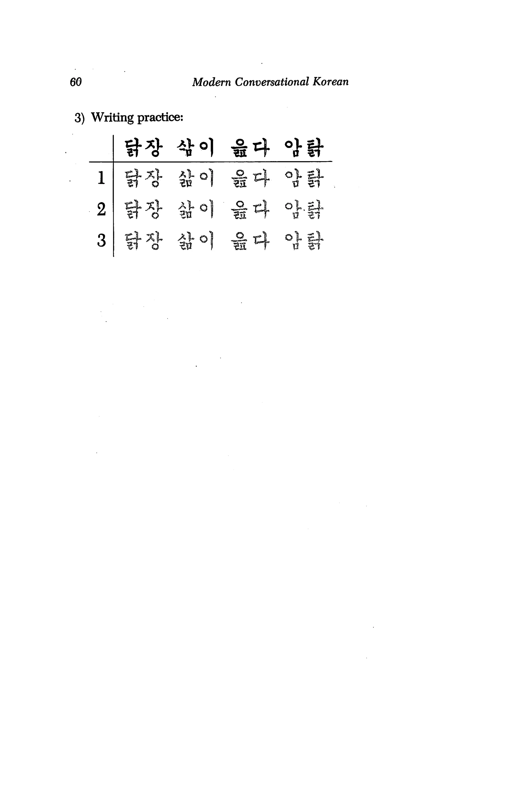 60                         Modern Conversational Korean


3) Writing practice:


         ^n* -^J"   *-•*• o 1
                                  ^^         o IT

     1   IK1 a°l #^
                                           o]..gjL
     2                            *^
     3   ^p   o     T*ii      I   #^
 