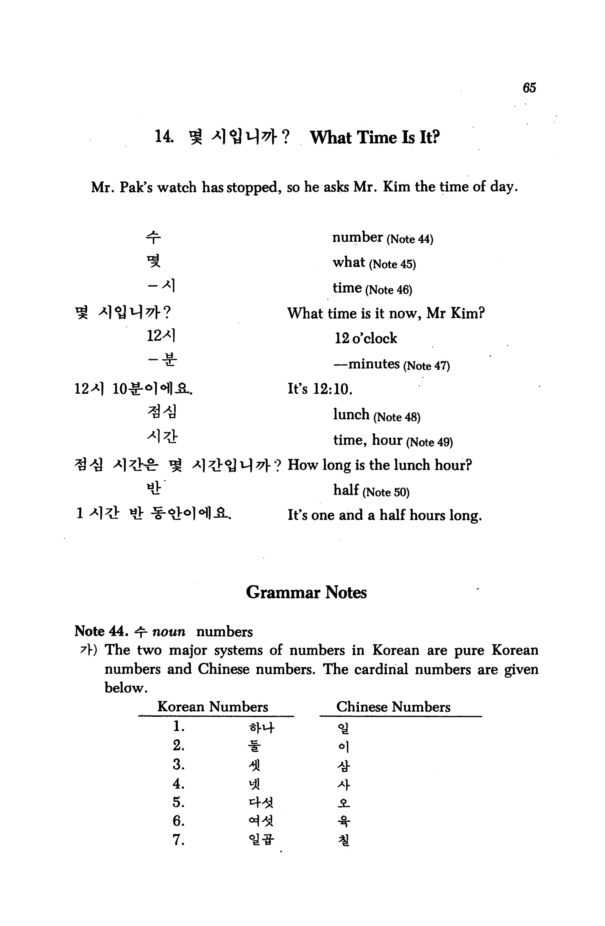 65



              14. £ >*1otM?}?                 What Time Is It?


  Mr. Pak's watch has stopped, so he asks Mr. Kim the time of day.



          ^r                                      number (Note 44)
          ^                                       what (Note 45)
             ~~ *1                                time (Note 46)
          v ?                             What time is it now, Mr Kim?
             12*1                                  12 o'clock
             ~^                                   —minutes (Note 47)
                                           It's 12:10.

                                                  lunch (Note 48)
                                                  time, hour (Note 49)
                                         ? How long is the lunch hour?

                                                  half (Note 50)
                      ] °fl-£L.            It's one and a half hours long.




                                  Grammar Notes

Note 44. ^- noun numbers
t) The two major systems of numbers in Korean are pure Korean
    numbers and Chinese numbers. The cardinal numbers are given
    below.
              Korean Numbers                       Chinese Numbers
                 1.
                 2.               *                oi
                 3.               41               $
                 4.               vjj              a).

                 5.
                 6.
                 7.
 