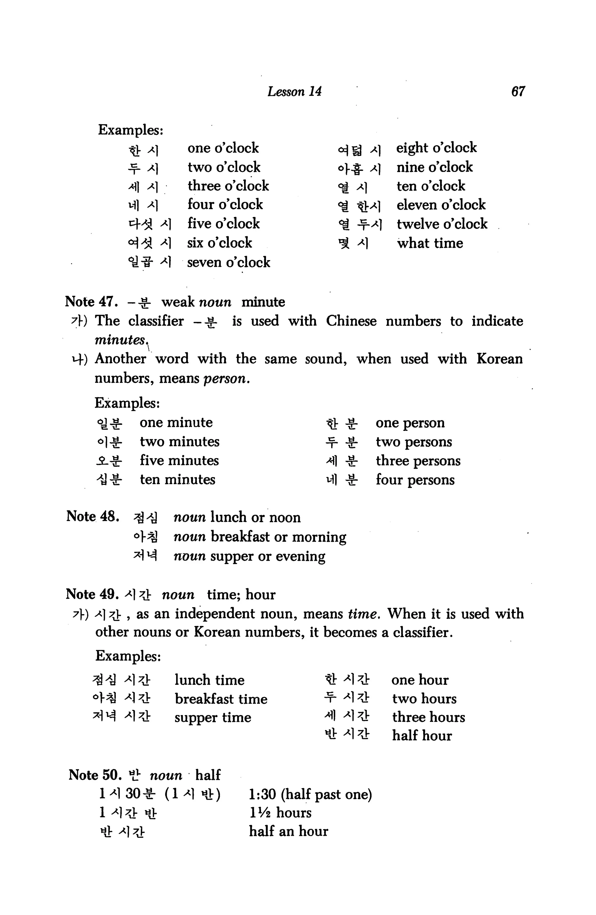 Lesson 14                                   67


    Examples:
                               one o'clock                               eight o'clock
                               two o'clock                               nine o'clock
            A] A]             three o'clock                             ten o'clock
            ifl    A]          four o'clock                              eleven o'clock
            44 A]              five o'clock                              twelve o'clock
                        A)    six o'clock                                what time
                        A)    seven o'clock


Note 47. -^ weaknoim minute
A) The classifier --g-                 is used with Chinese numbers to indicate
    minutes.
14) Another word with the same sound, when used with Korean
    numbers, means person.

    Examples:
                  one minute                              ^ -g-       one person
      $r          two minutes                             -t- -S-     two persons
                  five minutes                            ^1 -&•      three persons
    ^ -S:         ten minutes                             ^1 -&■      four persons


Note 48.     ^ ^]            no«n lunch or noon
             °r^             noun breakfast or morning
             ^^              noun supper or evening


Note 49. *] ^V nown               time; hour
 7) A] ^ 5 as an independent noun, means time. When it is used with
     other nouns or Korean numbers, it becomes a classifier.

    Examples:

   4 41 *} ^                 lunch time                   tr ^17J:      one hour
   °M a] 7j-                 breakfast time               -t- ^17J:     two hours
                             supper time                  ^1 ^17J:      three hours
                                                                        half hour


Note 50. *£ nown                half
                                         1:30 (half past one)
                                         1V4 hours
                                         half an hour
 