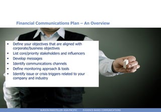 Financial Communications Plan – An Overview




   Define your objectives that are aligned with
    corporate/business objectives
   List core/priority stakeholders and influencers
   Develop messages
   Identify communications channels
   Define monitoring approach & tools
   Identify issue or crisis triggers related to your
    company and industry




                      BURSON-MARSTELLER ASIA-PACIFIC   EVIDENCE-BASED COMMUNICATIONS
 