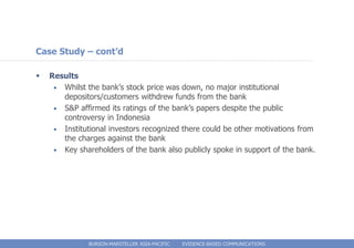 Case Study – cont’d

   Results
     • Whilst the bank’s stock price was down, no major institutional
       depositors/customers withdrew funds from the bank
     • S&P affirmed its ratings of the bank’s papers despite the public
       controversy in Indonesia
     • Institutional investors recognized there could be other motivations from
       the charges against the bank
     • Key shareholders of the bank also publicly spoke in support of the bank.




               BURSON-MARSTELLER ASIA-PACIFIC   EVIDENCE-BASED COMMUNICATIONS
 