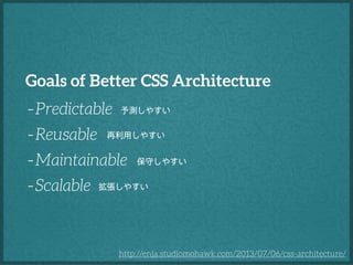 OOCSS
- Separate structure and skin
構造と見た目の分離

- Separate container and content
コンテナとコンテンツの分離

 