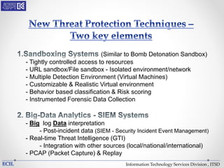 Information Technology Services Division , ITSD
(Similar to Bomb Detonation Sandbox)
- Tightly controlled access to resources
- URL sandbox/File sandbox - Isolated environment/network
- Multiple Detection Environment (Virtual Machines)
- Customizable & Realistic Virtual environment
- Behavior based classification & Risk scoring
- Instrumented Forensic Data Collection
- Big log Data interpretation
- Post-incident data (SIEM - Security Incident Event Management)
- Real-time Threat Intelligence (GTI)
- Integration with other sources (local/national/international)
- PCAP (Packet Capture) & Replay
 