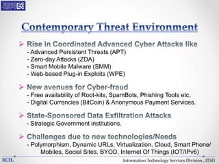 Information Technology Services Division , ITSD

- Advanced Persistent Threats (APT)
- Zero-day Attacks (ZDA)
- Smart Mobile Malware (SMM)
- Web-based Plug-in Exploits (WPE)

- Free availability of Root-kits, SpamBots, Phishing Tools etc.
- Digital Currencies (BitCoin) & Anonymous Payment Services.

- Strategic Government institutions.

- Polymorphism, Dynamic URLs, Virtualization, Cloud, Smart Phone/
Mobiles, Social Sites, BYOD, Internet Of Things (IOT/IPv6)
 