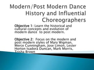 Objective 1: Learn the historical and
cultural concepts and evolution of
modern dance to post modern.
Objective 2: Focus on the modern and
post modern styles of Mary Wigman,
Merce Cunningham, Jose Limon, Lester
Horton Isadora Duncan, Mark Morris,
Trisha Brown

 