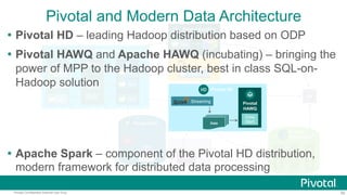 92Pivotal Confidential–Internal Use Only
Pivotal and Modern Data Architecture
BI
Pivotal Cloud Foundry
HTTP
FE
…
App
App
App
Queue BE
…
App
App
App
Pivotal GemFire
App
Spring XD
Streaming
ES
DDS
DataMart
Pivotal
Greenplum
PostgreSQL
SP
Table
ODS
ETL
ETL
Streaming
Data
Pivotal HD
Pivotal
HAWQ
Data
Mart
 Pivotal HD – leading Hadoop distribution based on ODP
 Pivotal HAWQ and Apache HAWQ (incubating) – bringing the
power of MPP to the Hadoop cluster, best in class SQL-on-
Hadoop solution
 Apache Spark – component of the Pivotal HD distribution,
modern framework for distributed data processing
 