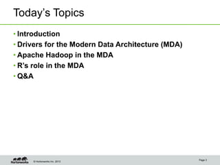 © Hortonworks Inc. 2013
Today’s Topics
• Introduction
• Drivers for the Modern Data Architecture (MDA)
• Apache Hadoop in ...