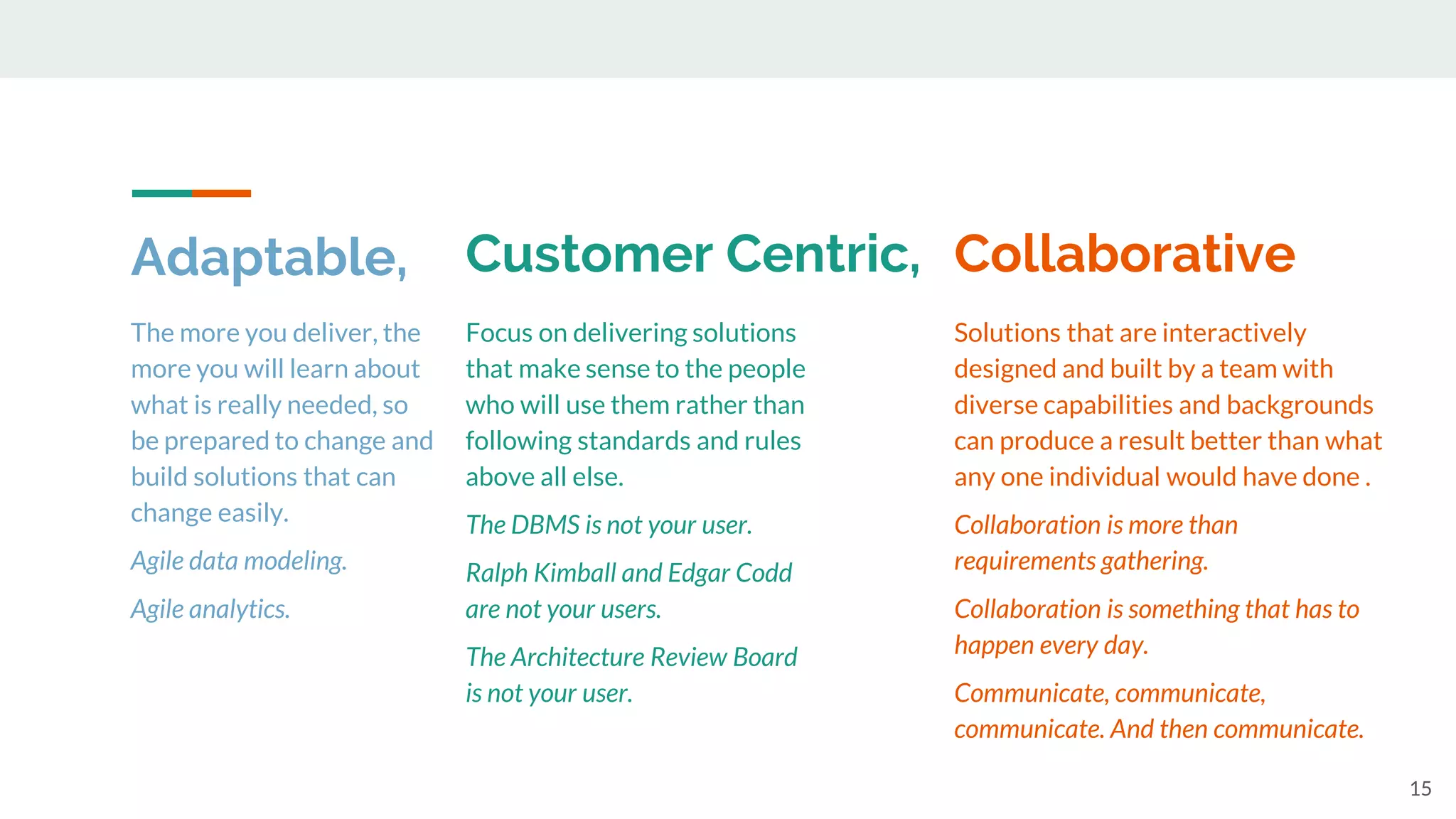 Adaptable,
15
The more you deliver, the
more you will learn about
what is really needed, so
be prepared to change and
build solutions that can
change easily.
Agile data modeling.
Agile analytics.
Focus on delivering solutions
that make sense to the people
who will use them rather than
following standards and rules
above all else.
The DBMS is not your user.
Ralph Kimball and Edgar Codd
are not your users.
The Architecture Review Board
is not your user.
Customer Centric,
Solutions that are interactively
designed and built by a team with
diverse capabilities and backgrounds
can produce a result better than what
any one individual would have done .
Collaboration is more than
requirements gathering.
Collaboration is something that has to
happen every day.
Communicate, communicate,
communicate. And then communicate.
Collaborative
 