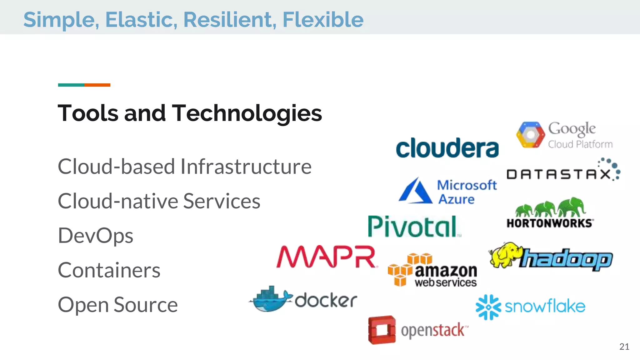 Tools and Technologies
21
Cloud-based Infrastructure
Cloud-native Services
DevOps
Containers
Open Source
Simple, Elastic, Resilient, Flexible
 