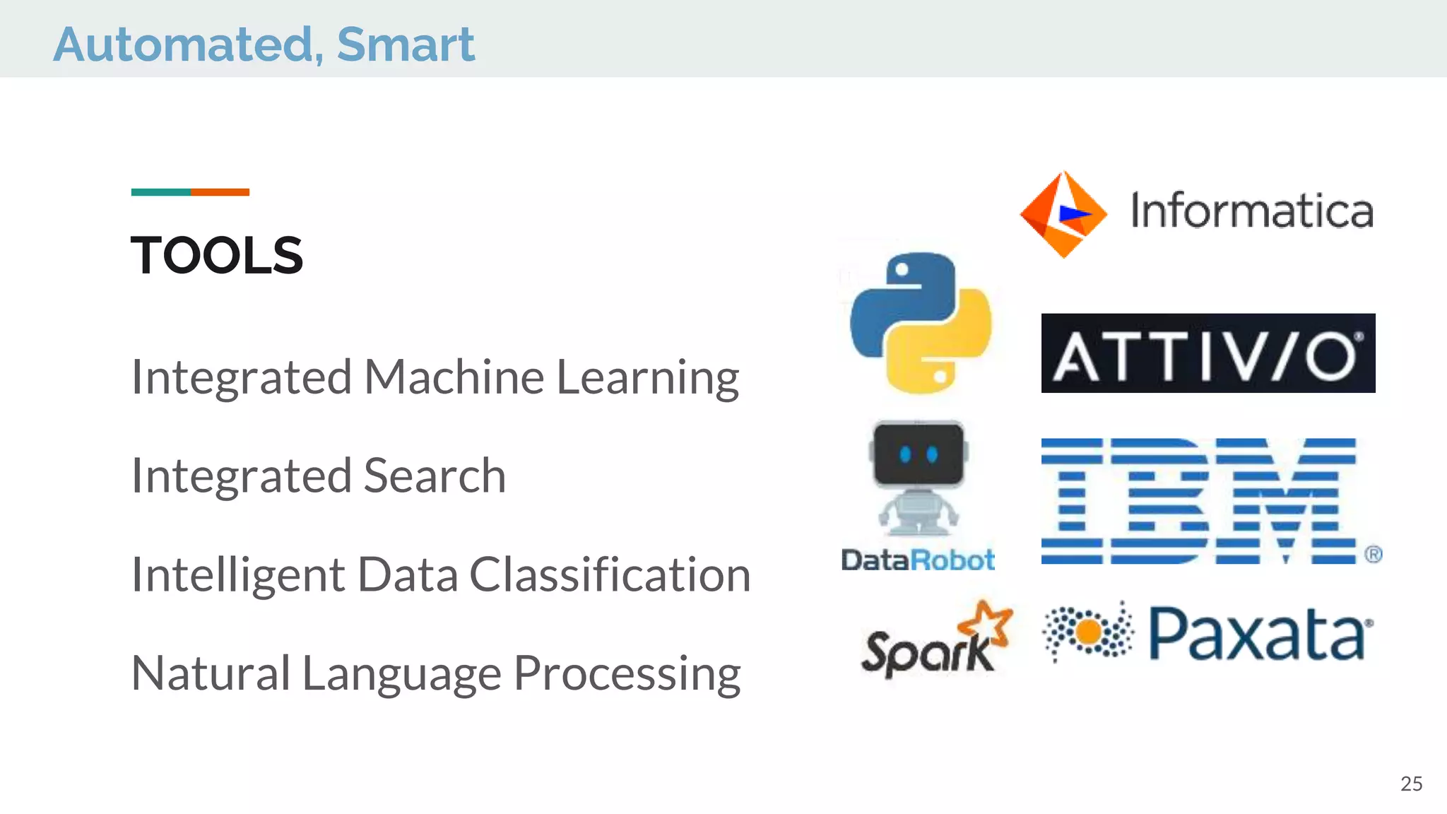 TOOLS
Integrated Machine Learning
Integrated Search
Intelligent Data Classification
Natural Language Processing
25
Automated, Smart
 