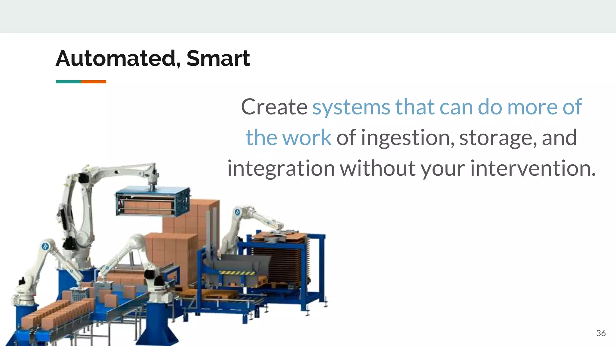 Automated, Smart
36
Create systems that can do more of
the work of ingestion, storage, and
integration without your intervention.
 