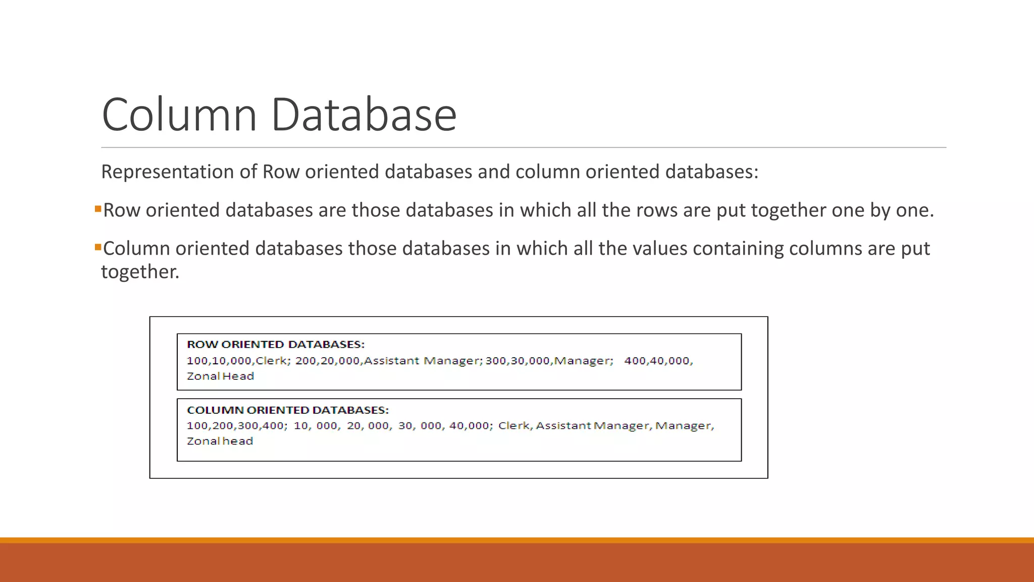 Column Database
Representation of Row oriented databases and column oriented databases:
Row oriented databases are those databases in which all the rows are put together one by one.
Column oriented databases those databases in which all the values containing columns are put
together.
 