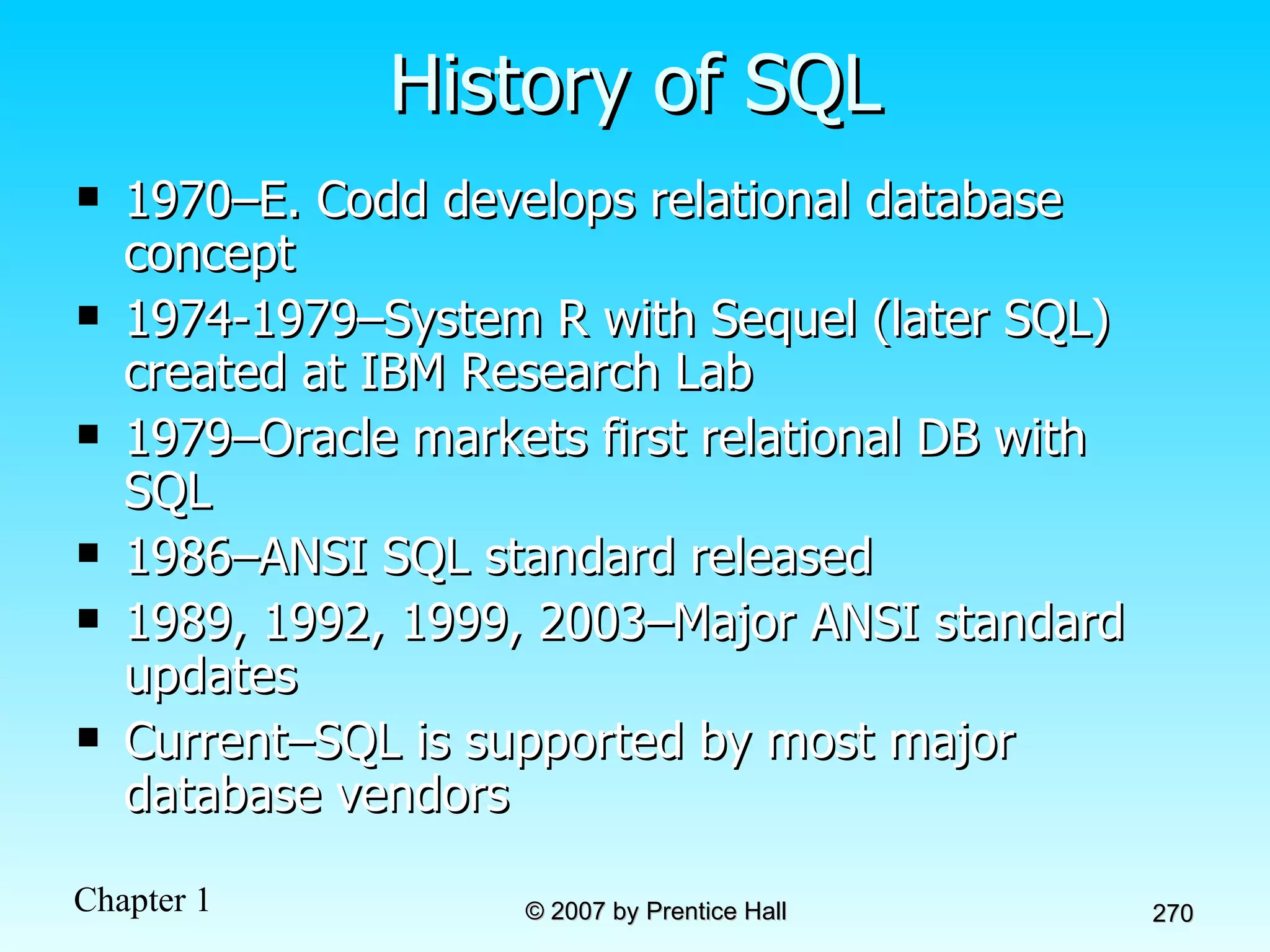 History of SQL 1970–E. Codd develops relational database concept 1974-1979–System R with Sequel (later SQL) created at IBM Research Lab 1979–Oracle markets first relational DB with SQL 1986–ANSI SQL standard released 1989, 1992, 1999, 2003–Major ANSI standard updates Current–SQL is supported by most major database vendors 
