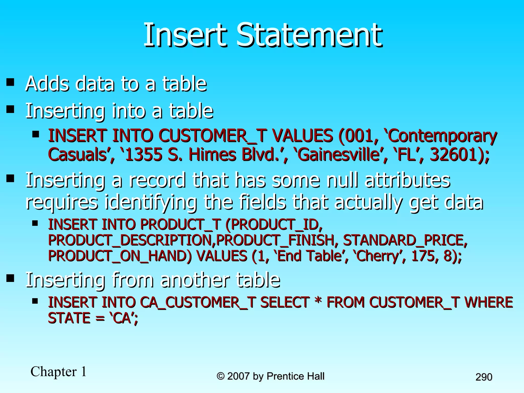 Insert Statement Adds data to a table Inserting into a table INSERT INTO CUSTOMER_T VALUES (001, ‘Contemporary Casuals’, ‘1355 S. Himes Blvd.’, ‘Gainesville’, ‘FL’, 32601); Inserting a record that has some null attributes requires identifying the fields that actually get data INSERT INTO PRODUCT_T (PRODUCT_ID, PRODUCT_DESCRIPTION,PRODUCT_FINISH, STANDARD_PRICE, PRODUCT_ON_HAND) VALUES (1, ‘End Table’, ‘Cherry’, 175, 8); Inserting from another table INSERT INTO CA_CUSTOMER_T SELECT * FROM CUSTOMER_T WHERE STATE = ‘CA’; 