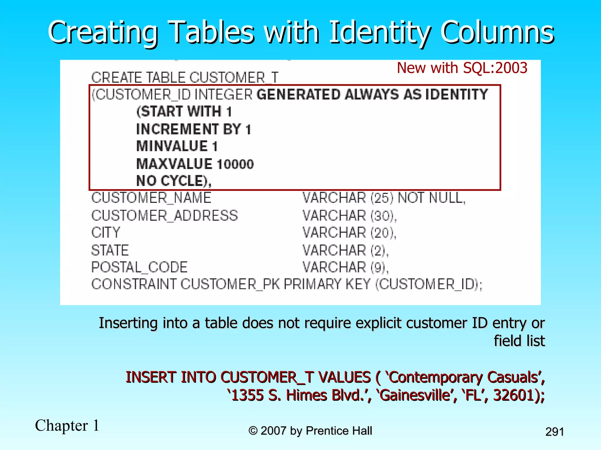 Creating Tables with Identity Columns Inserting into a table does not require explicit customer ID entry or field list INSERT INTO CUSTOMER_T VALUES ( ‘Contemporary Casuals’, ‘1355 S. Himes Blvd.’, ‘Gainesville’, ‘FL’, 32601); New with SQL:2003 
