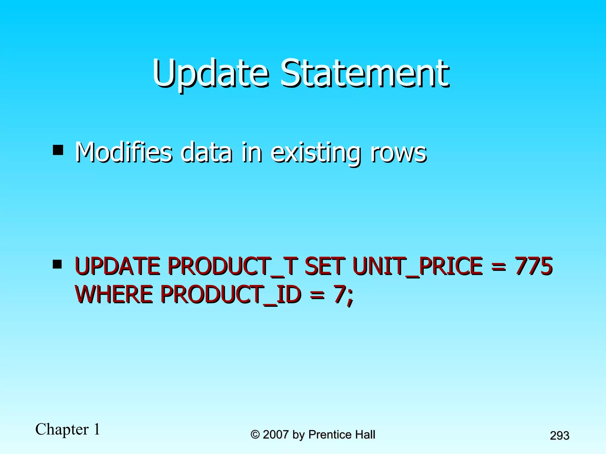 Update Statement Modifies data in existing rows UPDATE PRODUCT_T SET UNIT_PRICE = 775 WHERE PRODUCT_ID = 7; 