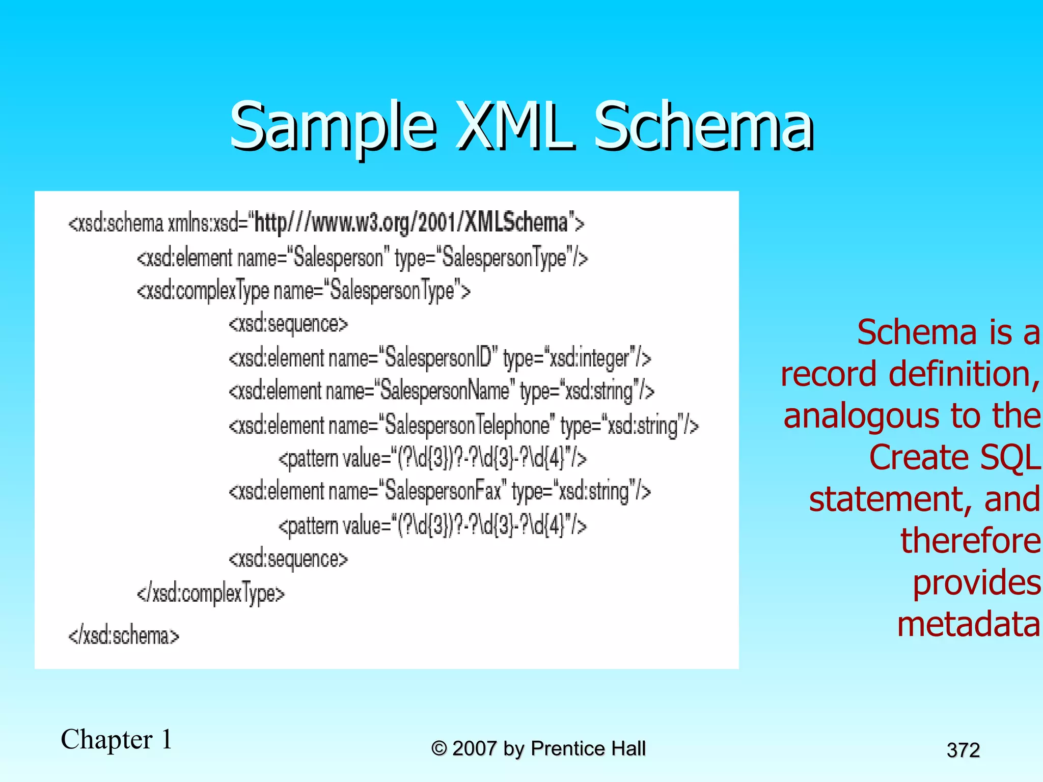 Sample XML Schema Schema is a record definition, analogous to the Create SQL statement, and therefore provides metadata 