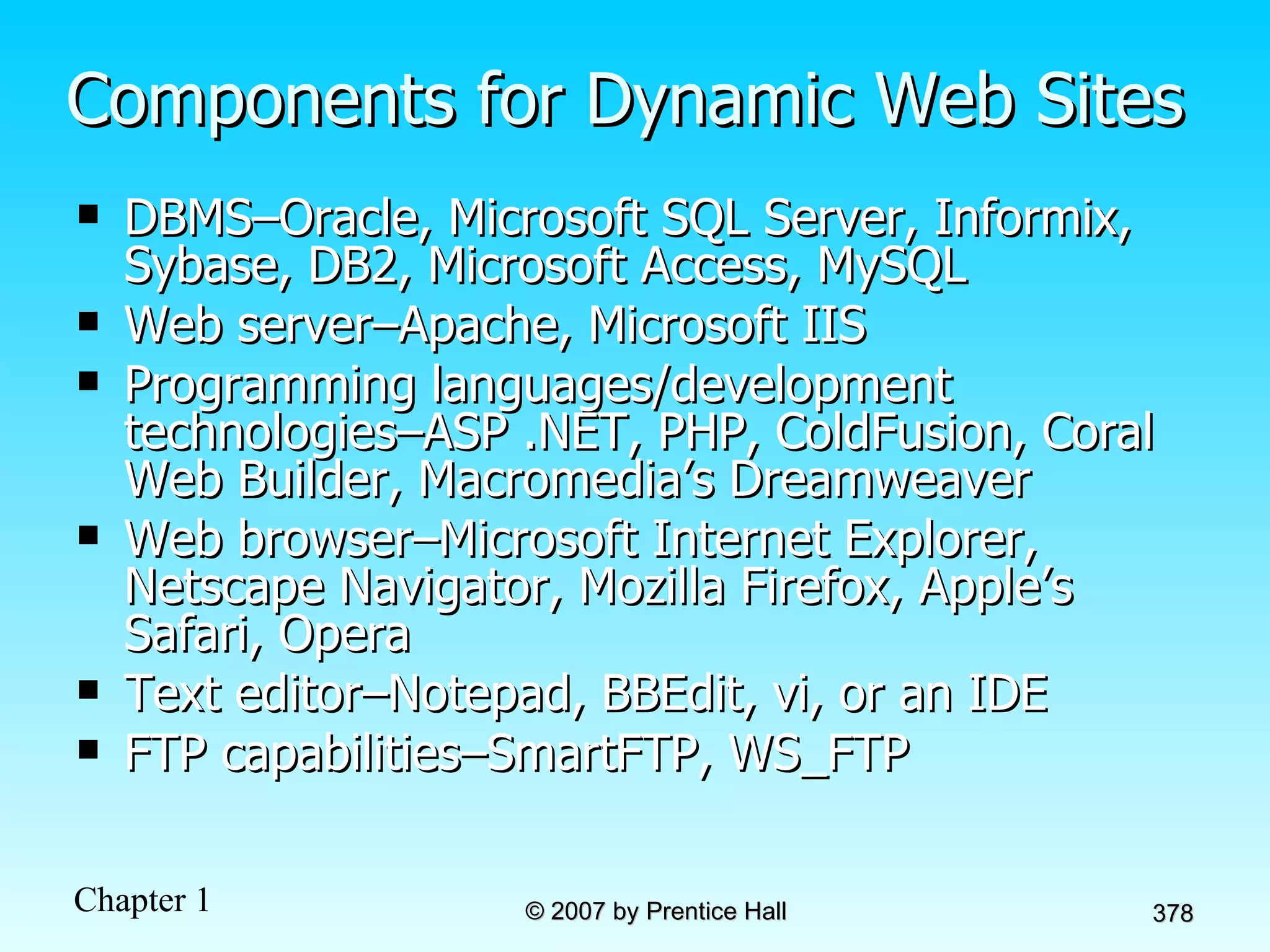 Components for Dynamic Web Sites DBMS–Oracle, Microsoft SQL Server, Informix, Sybase, DB2, Microsoft Access, MySQL Web server–Apache, Microsoft IIS Programming languages/development technologies–ASP .NET, PHP, ColdFusion, Coral Web Builder, Macromedia’s Dreamweaver Web browser–Microsoft Internet Explorer, Netscape Navigator, Mozilla Firefox, Apple’s Safari, Opera Text editor–Notepad, BBEdit, vi, or an IDE FTP capabilities–SmartFTP, WS_FTP 