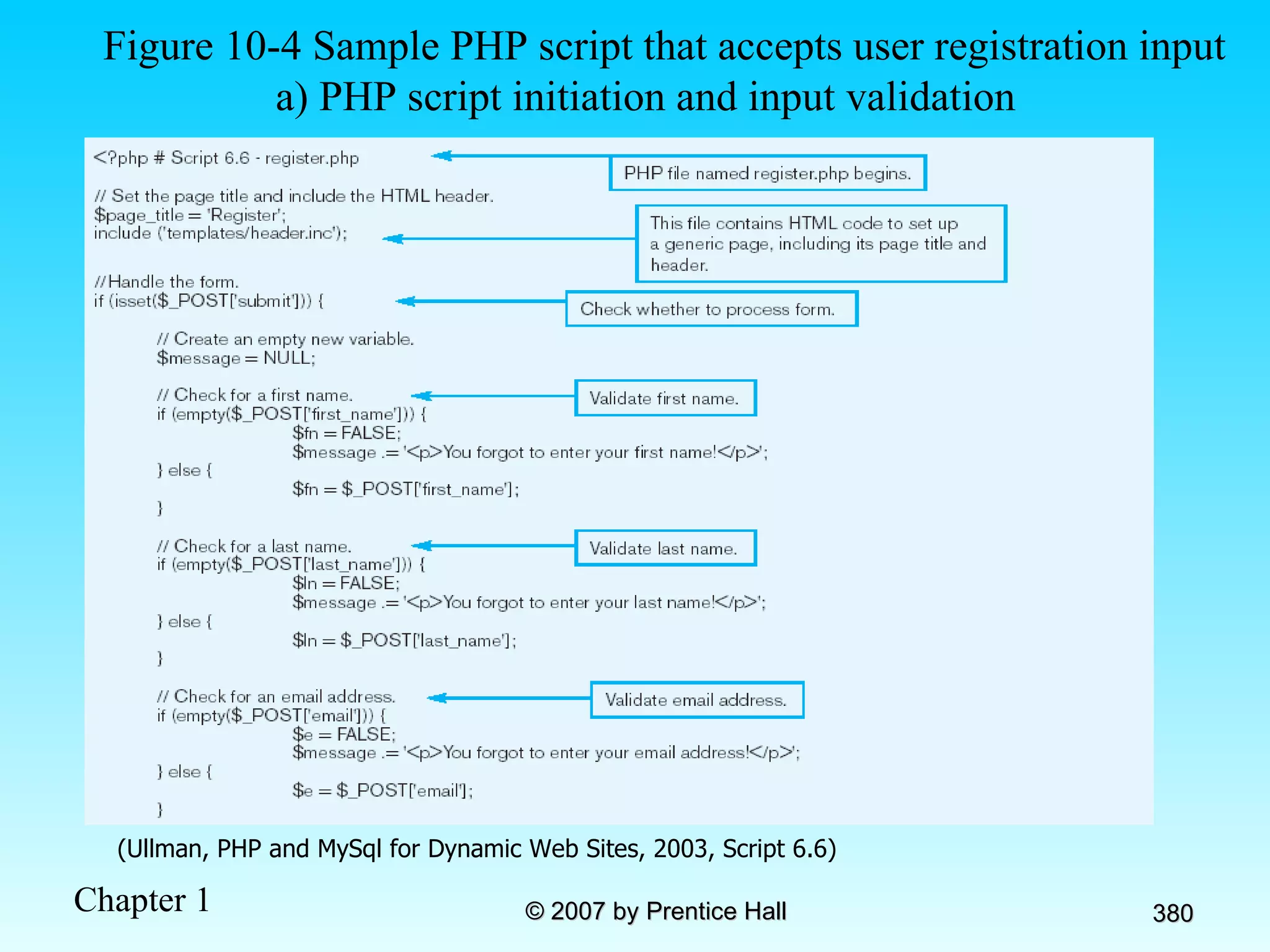 Figure 10-4 Sample PHP script that accepts user registration input a) PHP script initiation and input validation (Ullman, PHP and MySql for Dynamic Web Sites, 2003, Script 6.6) 