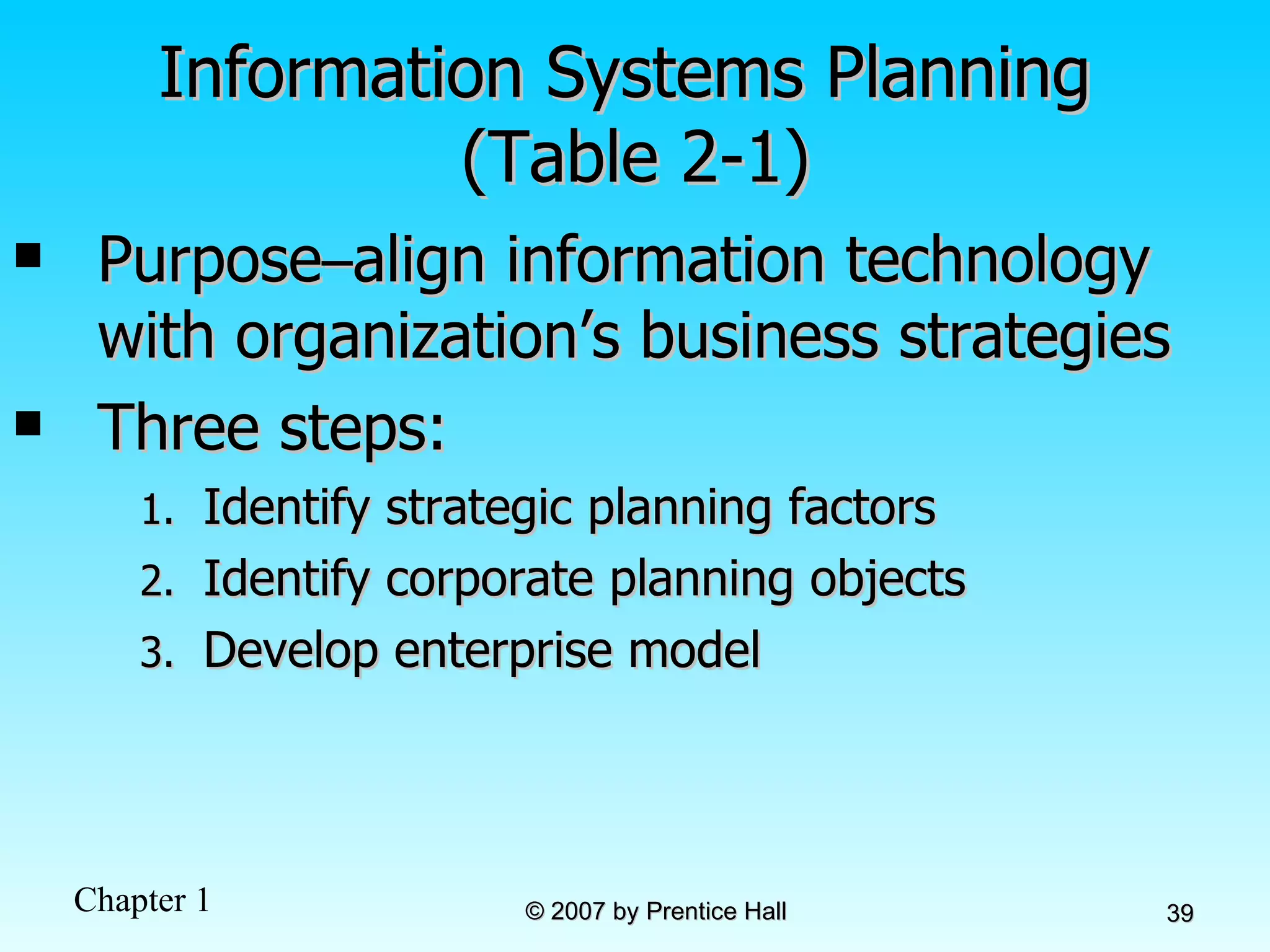 Information Systems Planning  (Table 2-1) Purpose – align information technology with organization’s business strategies Three steps: Identify strategic planning factors  Identify corporate planning objects Develop enterprise model 