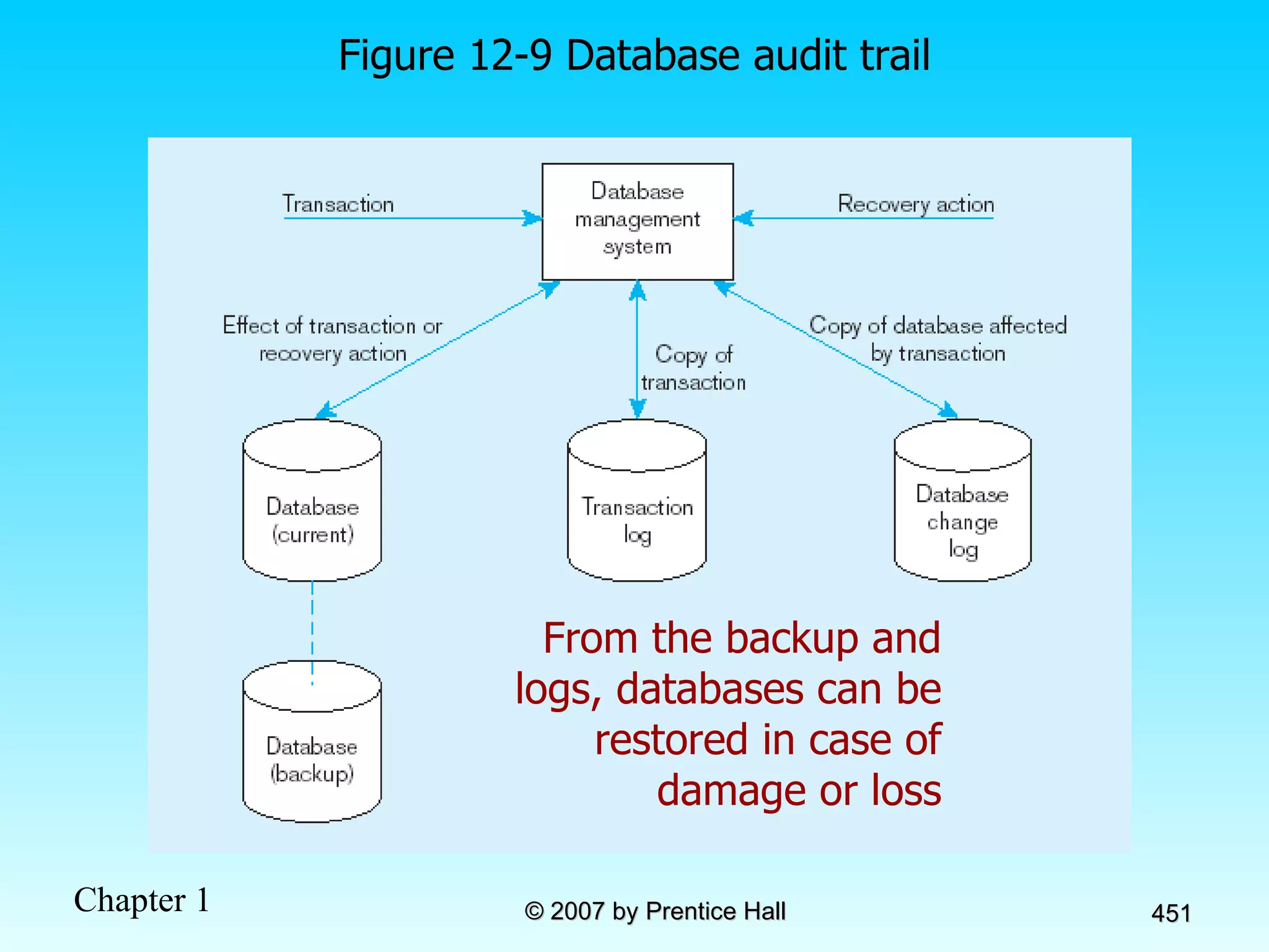 Figure 12-9 Database audit trail From the backup and logs, databases can be restored in case of damage or loss 