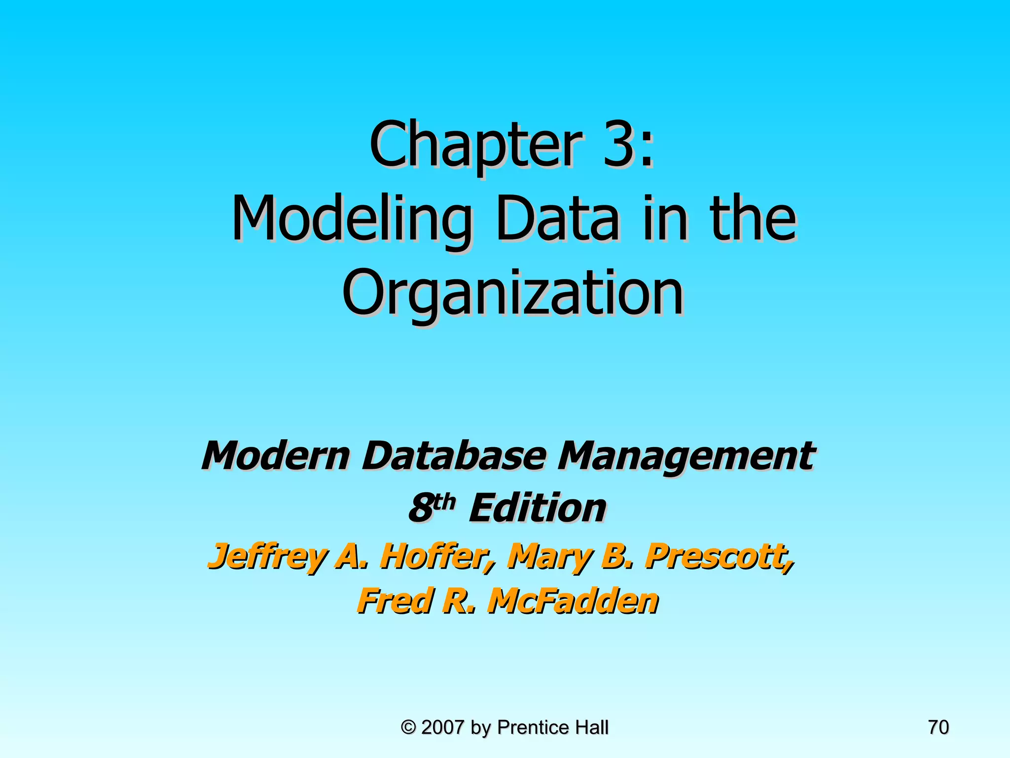 Chapter 3: Modeling Data in the Organization Modern Database Management 8 th  Edition Jeffrey A. Hoffer, Mary B. Prescott,  Fred R. McFadden © 2007 by Prentice Hall 