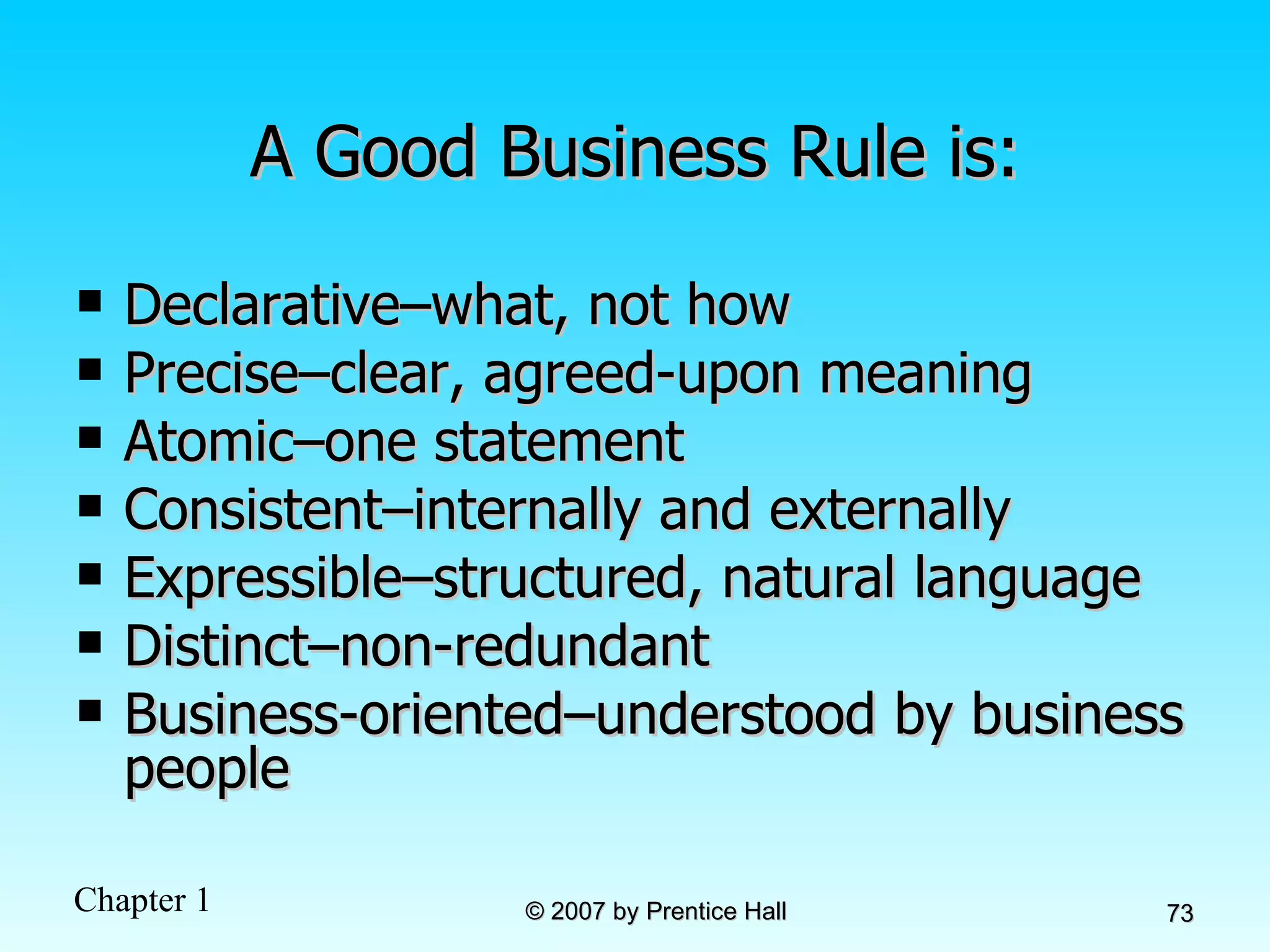 A Good Business Rule is: Declarative–what, not how Precise–clear, agreed-upon meaning Atomic–one statement Consistent–internally and externally Expressible–structured, natural language Distinct–non-redundant Business-oriented–understood by business people 