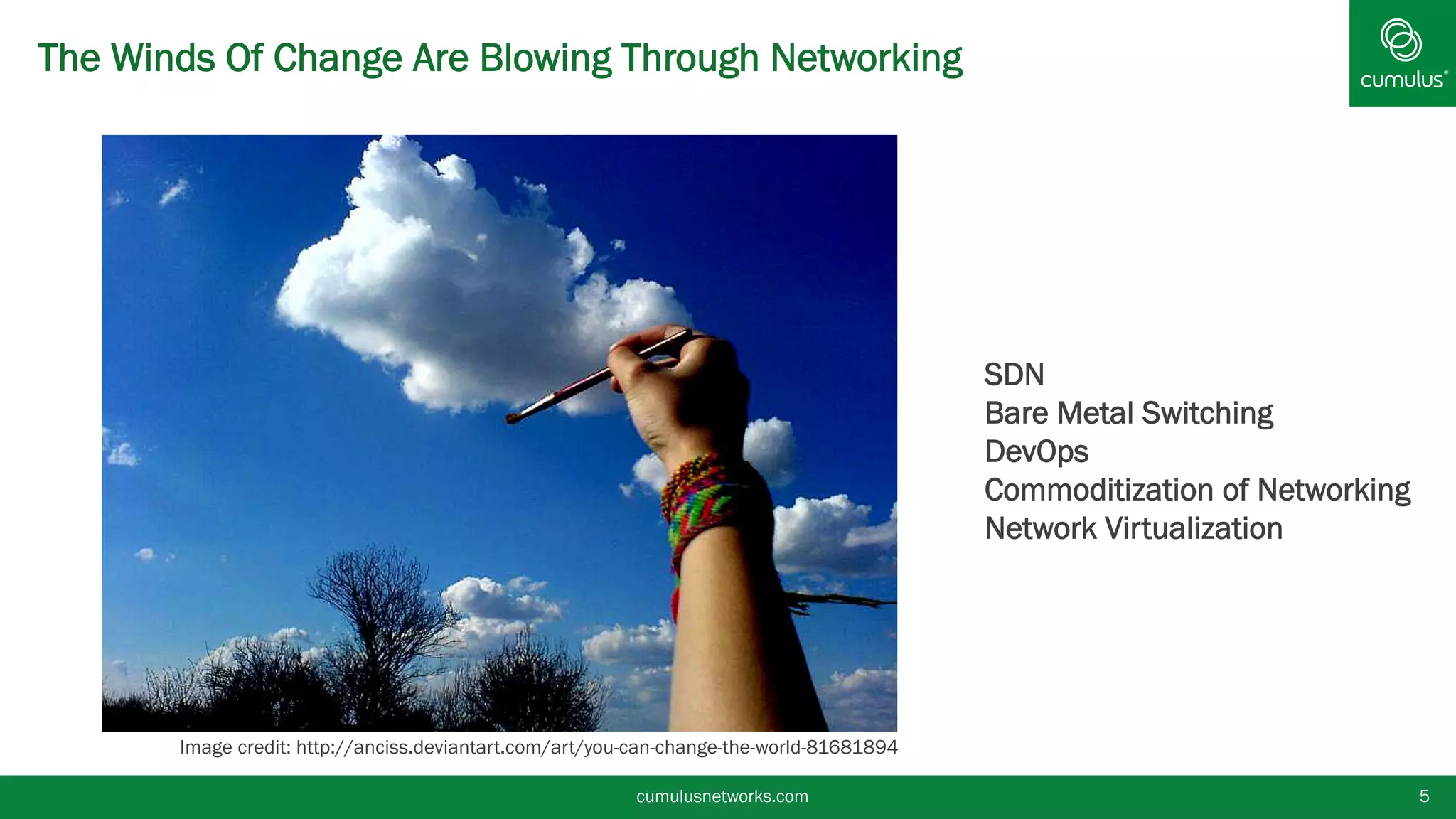 The Winds Of Change Are Blowing Through Networking
cumulusnetworks.com 5
Image credit: http://anciss.deviantart.com/art/you-can-change-the-world-81681894
SDN
Bare Metal Switching
DevOps
Commoditization of Networking
Network Virtualization
 