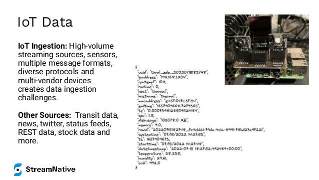 IoT Data
IoT Ingestion: High-volume
streaming sources, sensors,
multiple message formats,
diverse protocols and
multi-vendor devices
creates data ingestion
challenges.
Other Sources: Transit data,
news, twitter, status feeds,
REST data, stock data and
more.
 