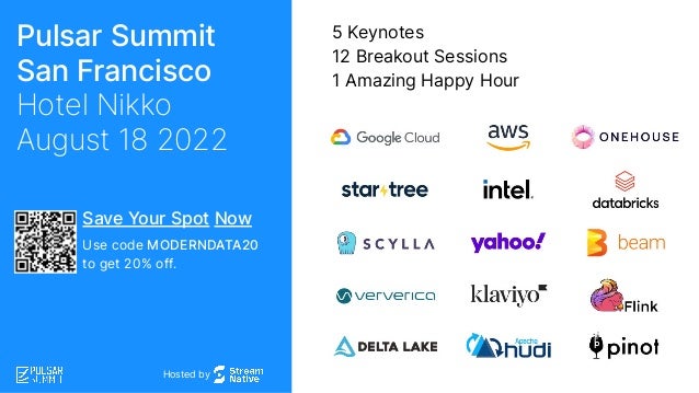 Hosted by
Save Your Spot Now
Use code MODERNDATA20
to get 20% off.
Pulsar Summit
San Francisco
Hotel Nikko
August 18 2022
5 Keynotes
12 Breakout Sessions
1 Amazing Happy Hour
 