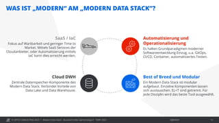 © OPITZ CONSULTING 2022 / Öffentlich
WAS IST „MODERN“ AM „MODERN DATA STACK“?
Modern Data Stack - Buzzword oder Gamechanger? - TDWI 2022 12
Automatisierung und
Operationalisierung
Es halten Grundparadigmen moderner
Softwareentwicklung Einzug, u.a. GitOps,
CI/CD, Container, automatisiertes Testen.
Best of Breed und Modular
Ein Modern Data Stack ist modular
aufgebaut. Einzelne Komponenten lassen
sich austauschen. EL+T sind getrennt. Für
jede Disziplin wird das beste Tool ausgewählt.
Cloud DWH
Zentrale Datenspeicher-Komponente des
Modern Data Stack. Verbindet Vorteile von
Data Lake und Data Warehouse.
SaaS / IaC
Fokus auf Wartbarkeit und geringer Time to
Market. Mittels SaaS Services der
Cloudanbieter, oder Automatisierung mittels
IaC kann dies erreicht werden.
 